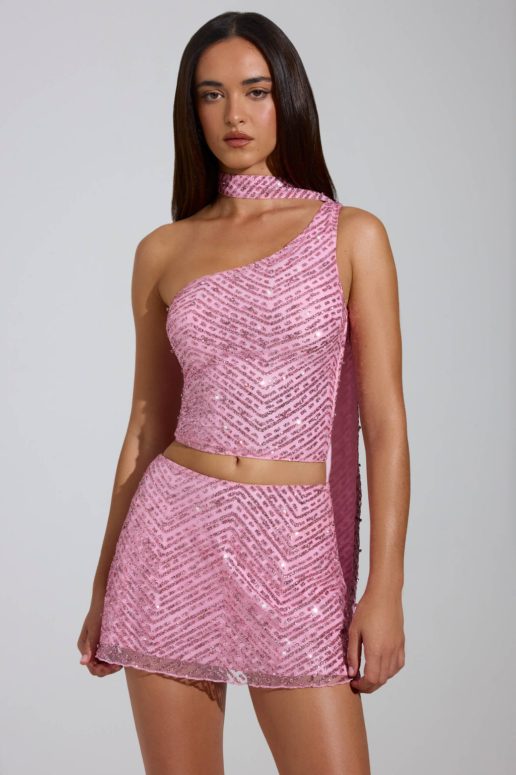 Embellished Asymmetric Scarf-Detail Top in Pink