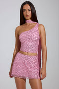 Embellished Asymmetric Scarf-Detail Top in Pink