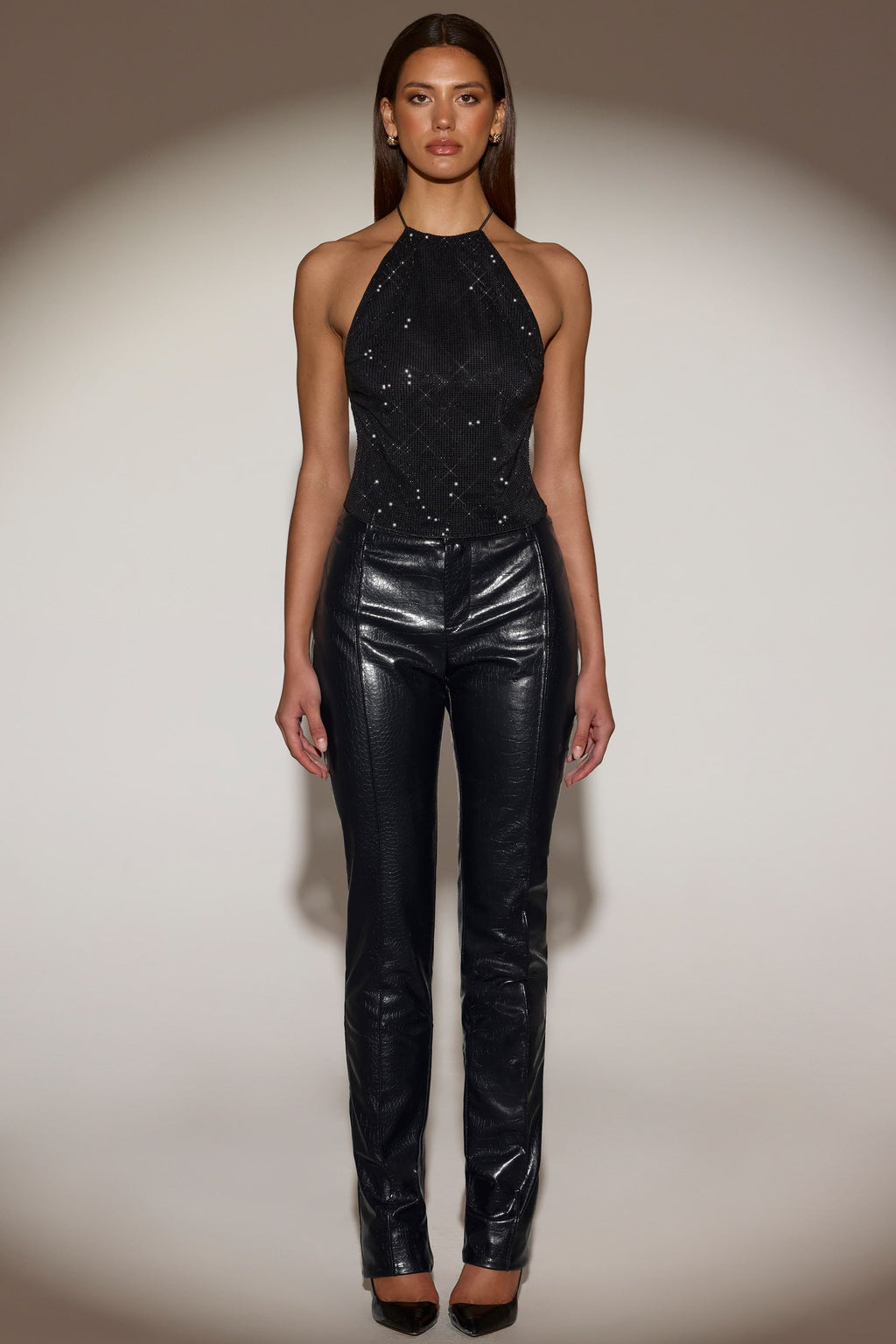 Faux Croc-Leather Straight-Leg Trousers in Black