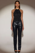 Faux Croc-Leather Straight-Leg Trousers in Black
