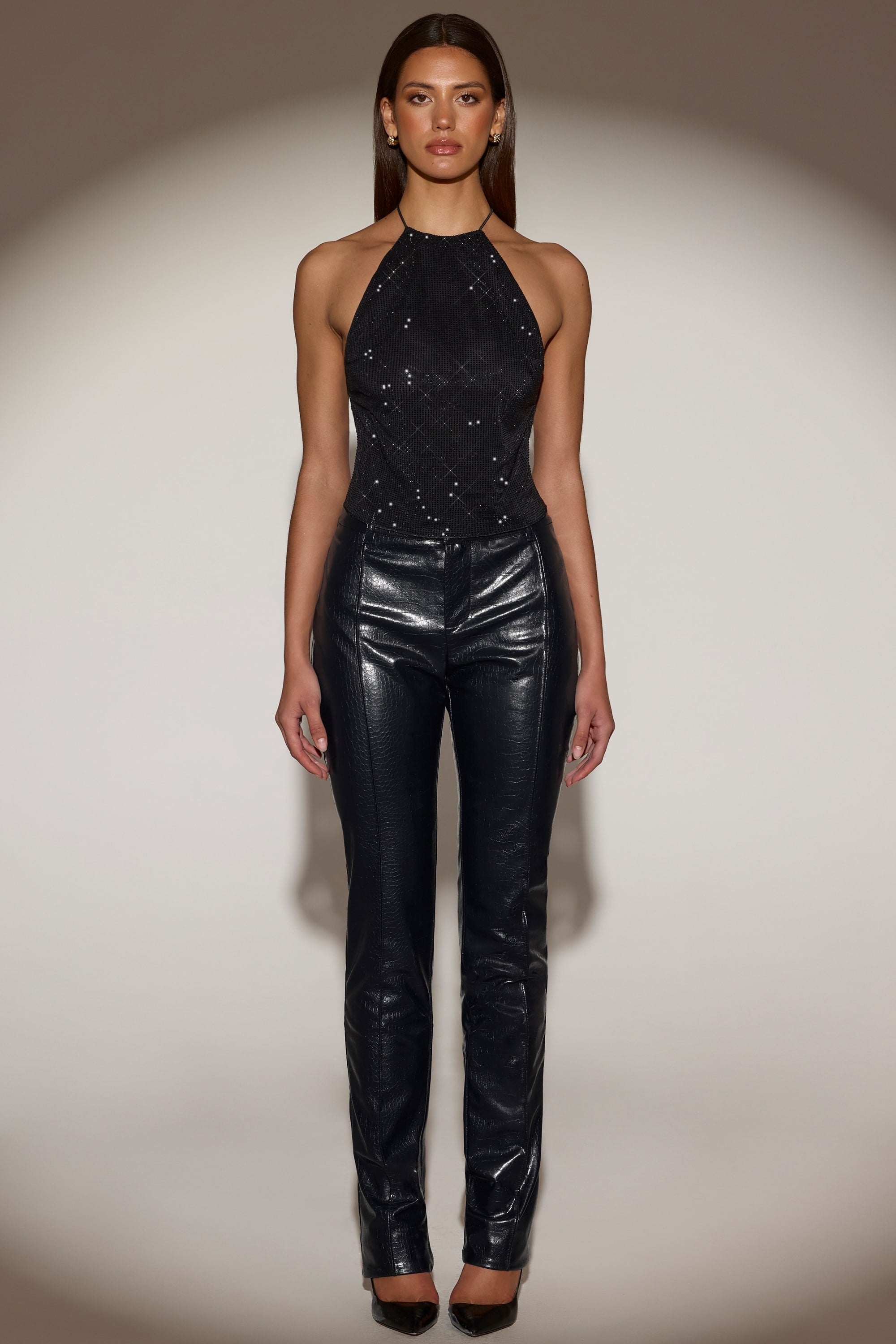 Faux Croc-Leather Straight-Leg Trousers in Black