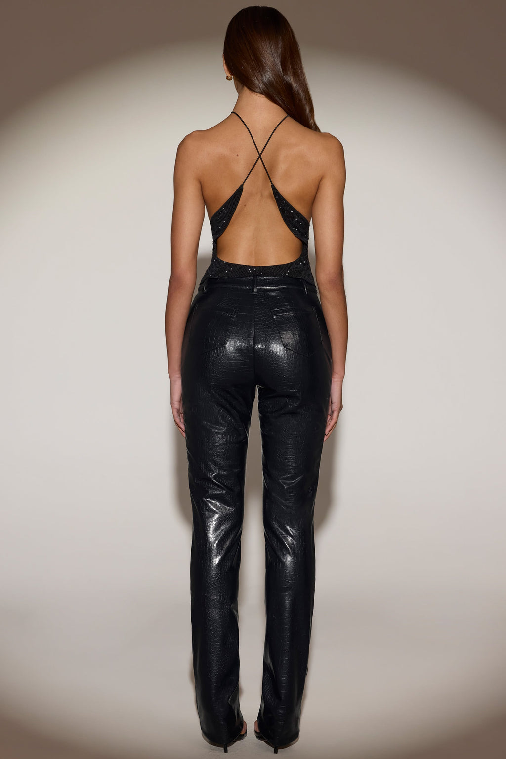 Faux Croc-Leather Straight-Leg Trousers in Black
