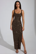 Embellished Scoop-Neck Thigh-Split Maxi Dress in Brown
