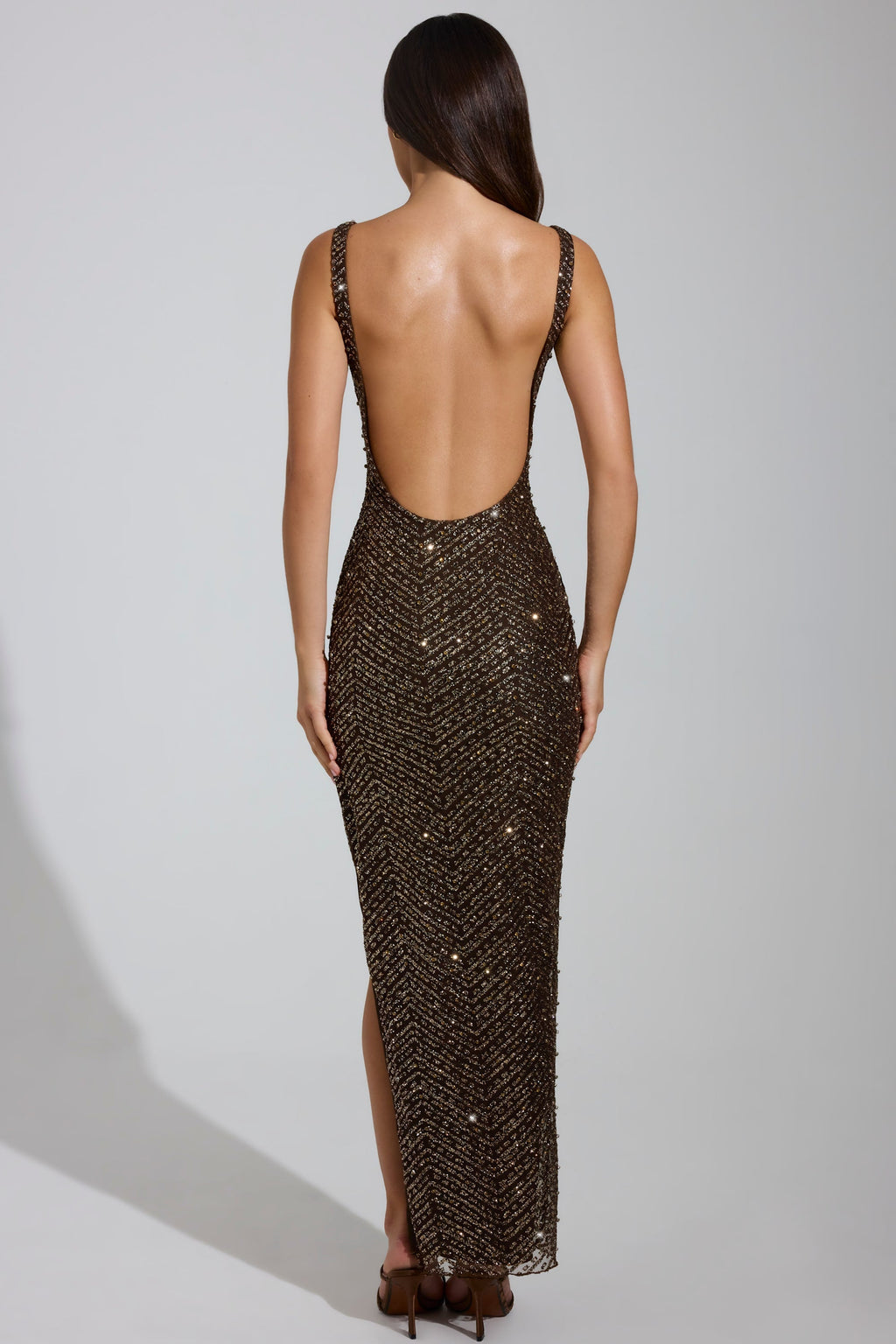 Embellished Scoop-Neck Thigh-Split Maxi Dress in Brown