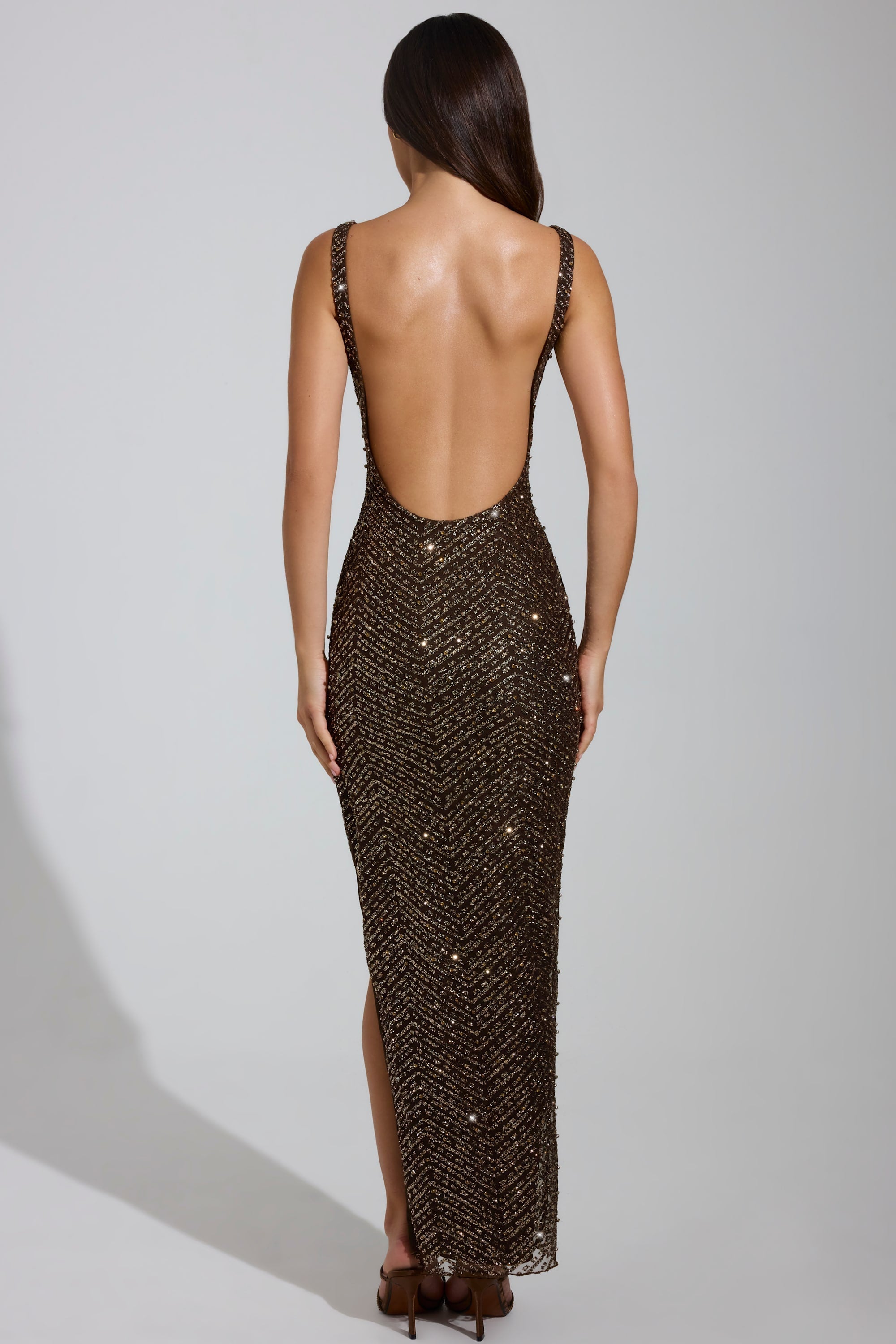 Embellished Scoop-Neck Thigh-Split Maxi Dress in Brown