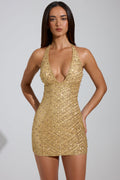 Embellished Halterneck Mini Dress in Gold