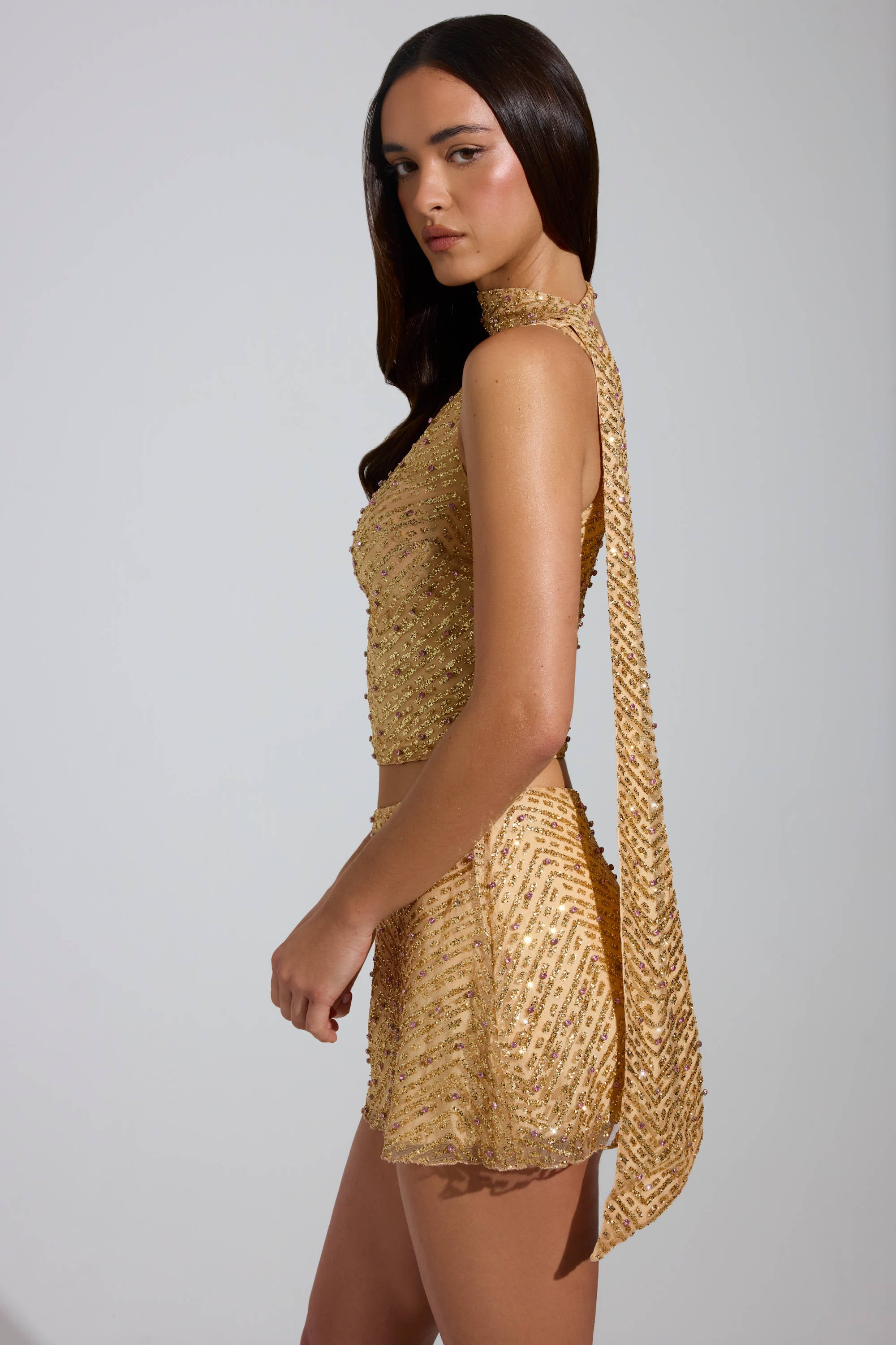 Embellished Low-Rise A-Line Micro Mini Skirt in Gold