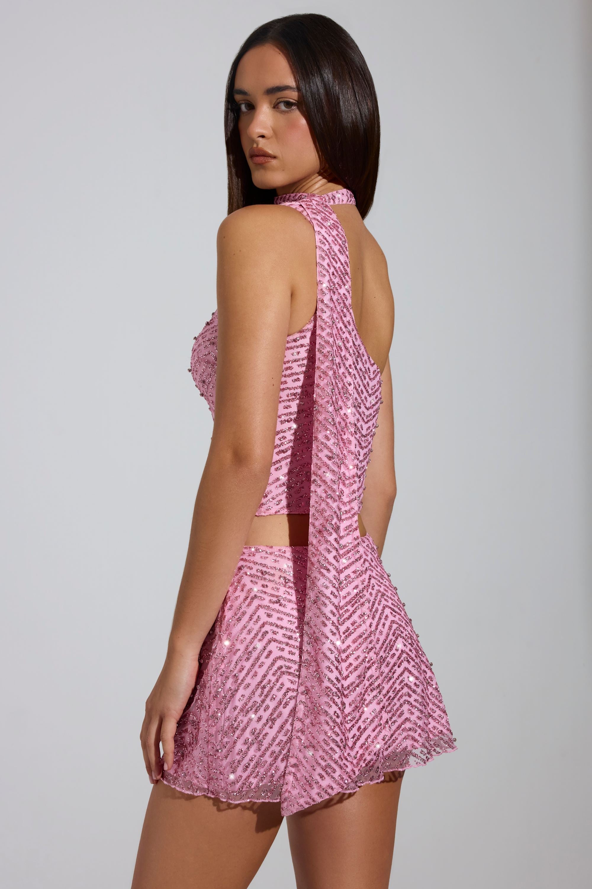 Embellished Low-Rise A-Line Micro Mini Skirt in Pink