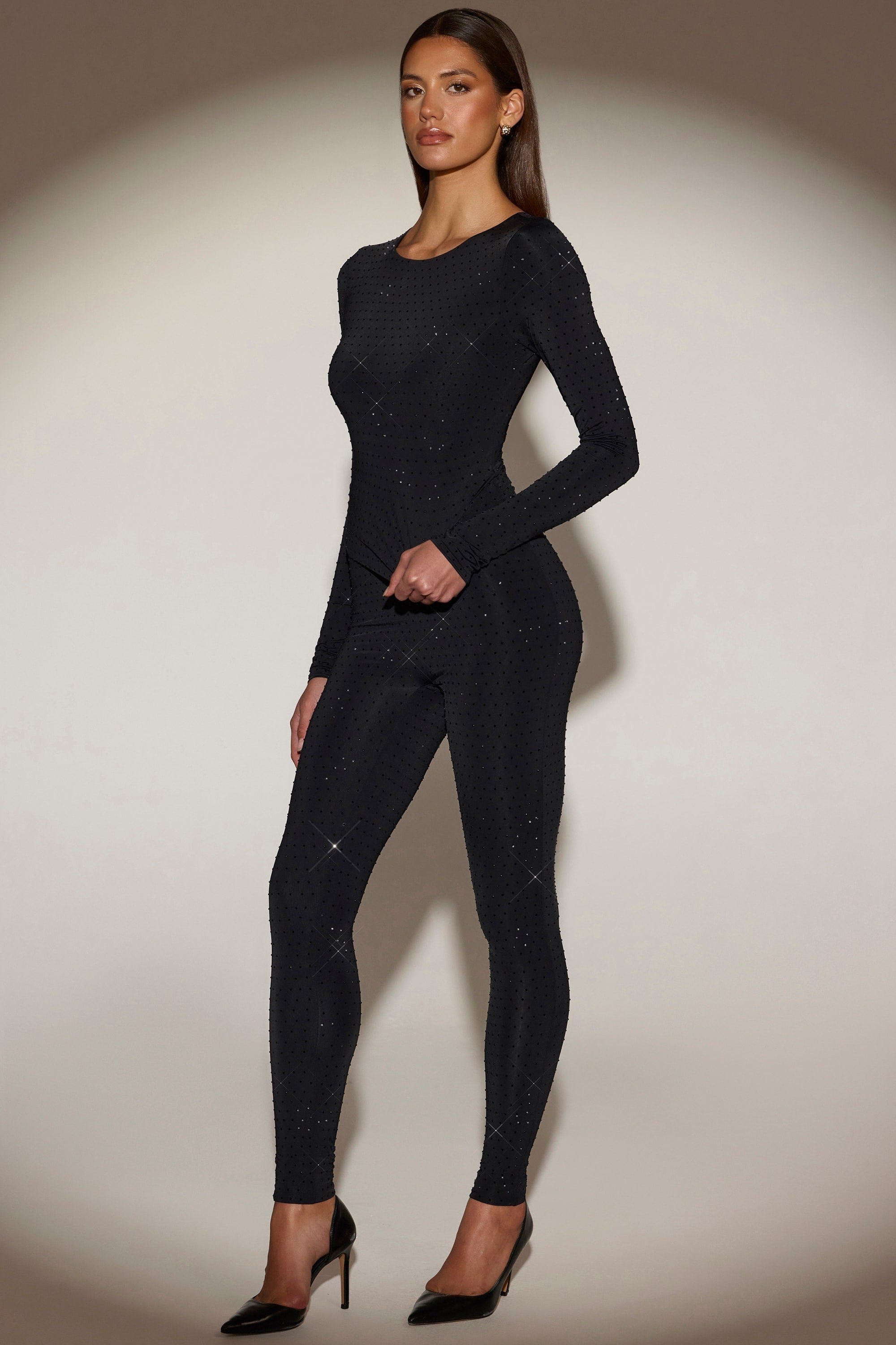 Embellished Jersey High-Waisted Leggings in Black