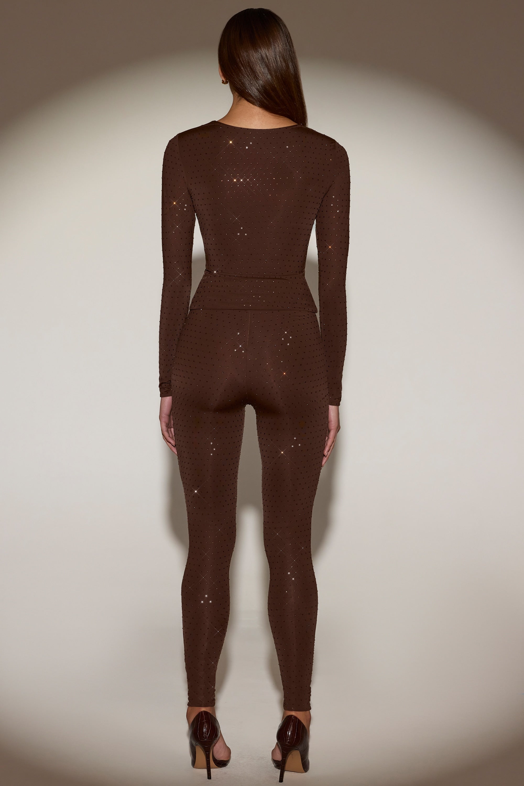 Embellished Jersey High-Waisted Leggings in Chocolate Brown
