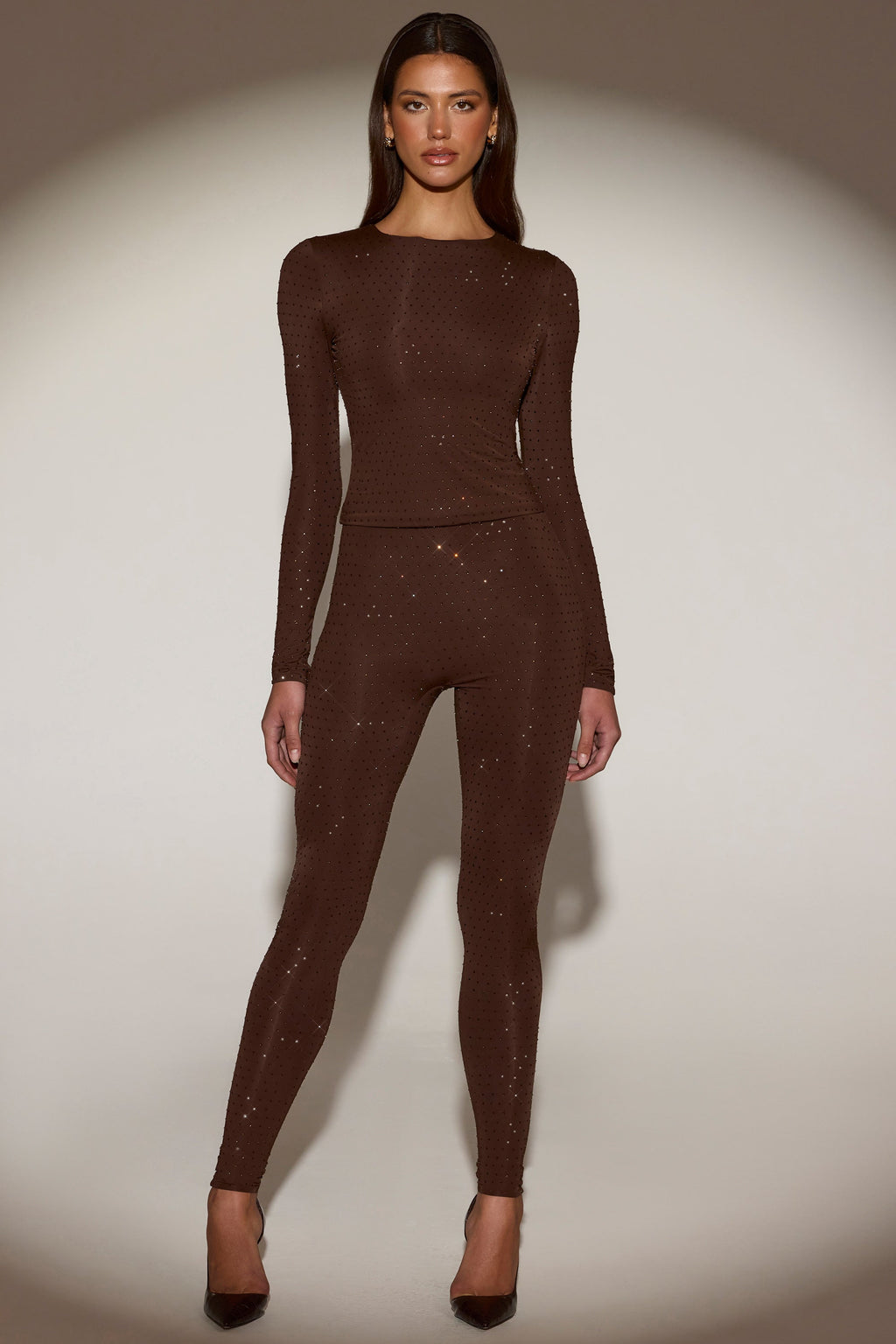 Embellished Jersey High-Waisted Leggings in Chocolate Brown