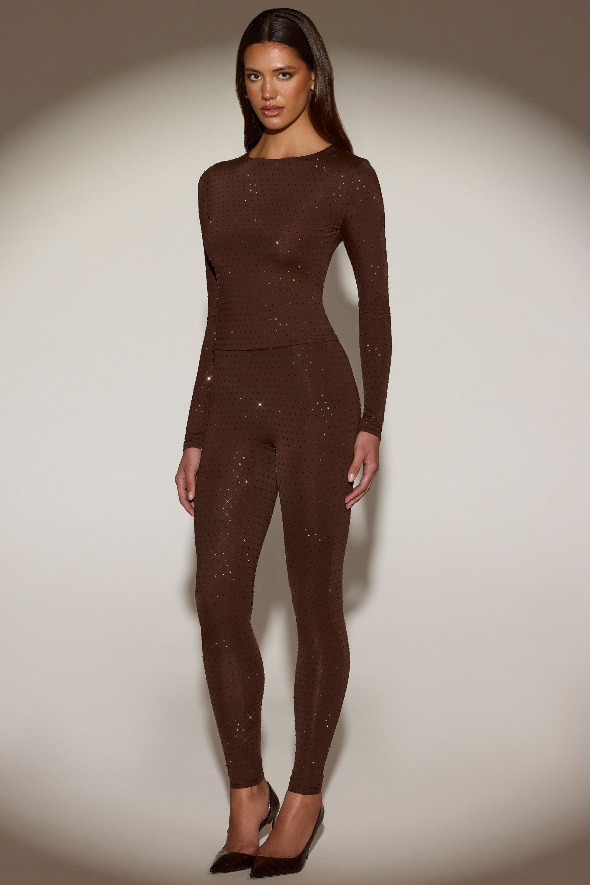 Embellished Jersey High-Waisted Leggings in Chocolate Brown