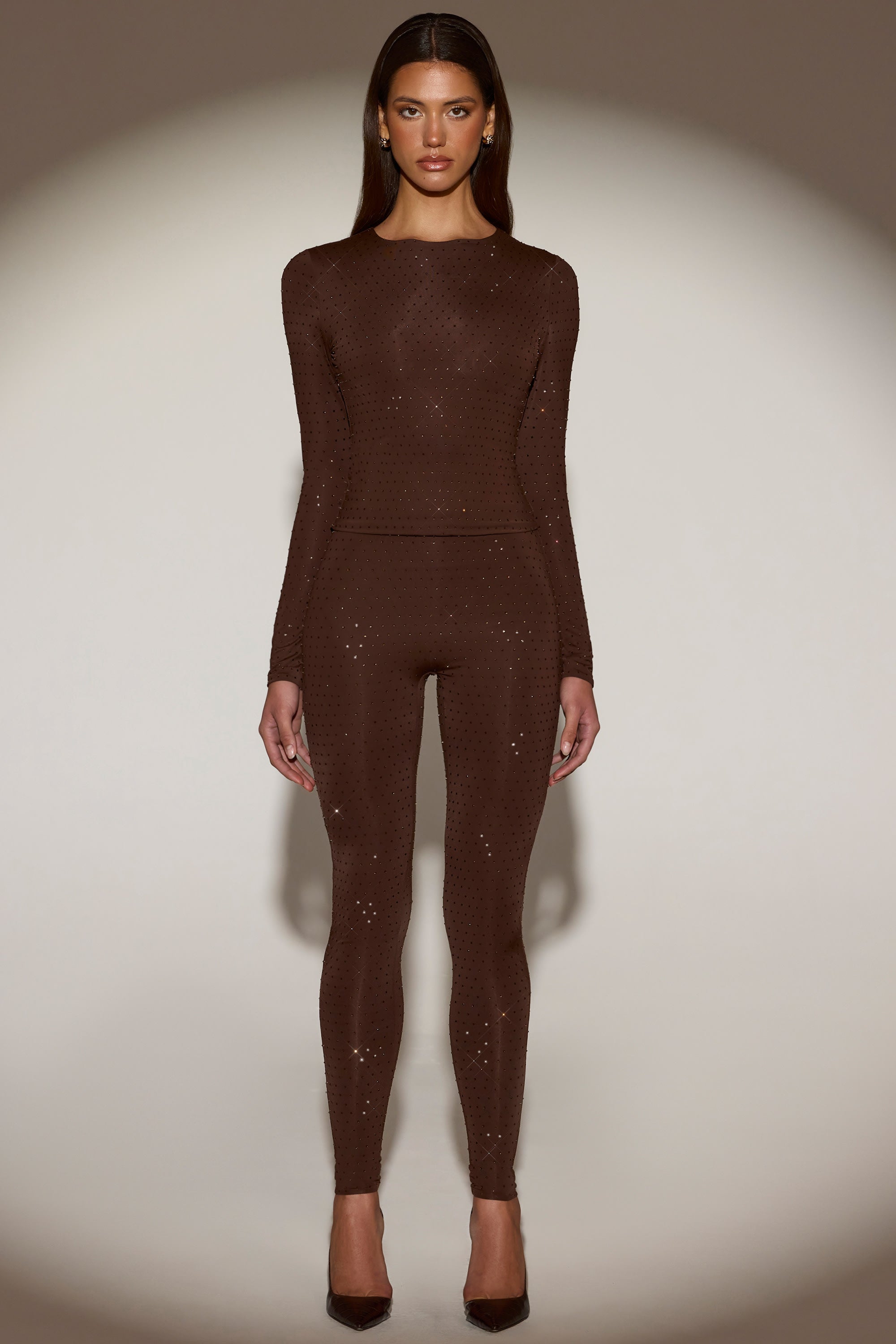 Embellished Crew-Neck Long-Sleeve Top in Chocolate Brown