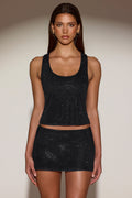 Embellished Jersey Scoop-Neck Racerback Top in Black