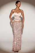Embellished Mid-Rise Thigh-Split Maxi Skirt in Rose Gold