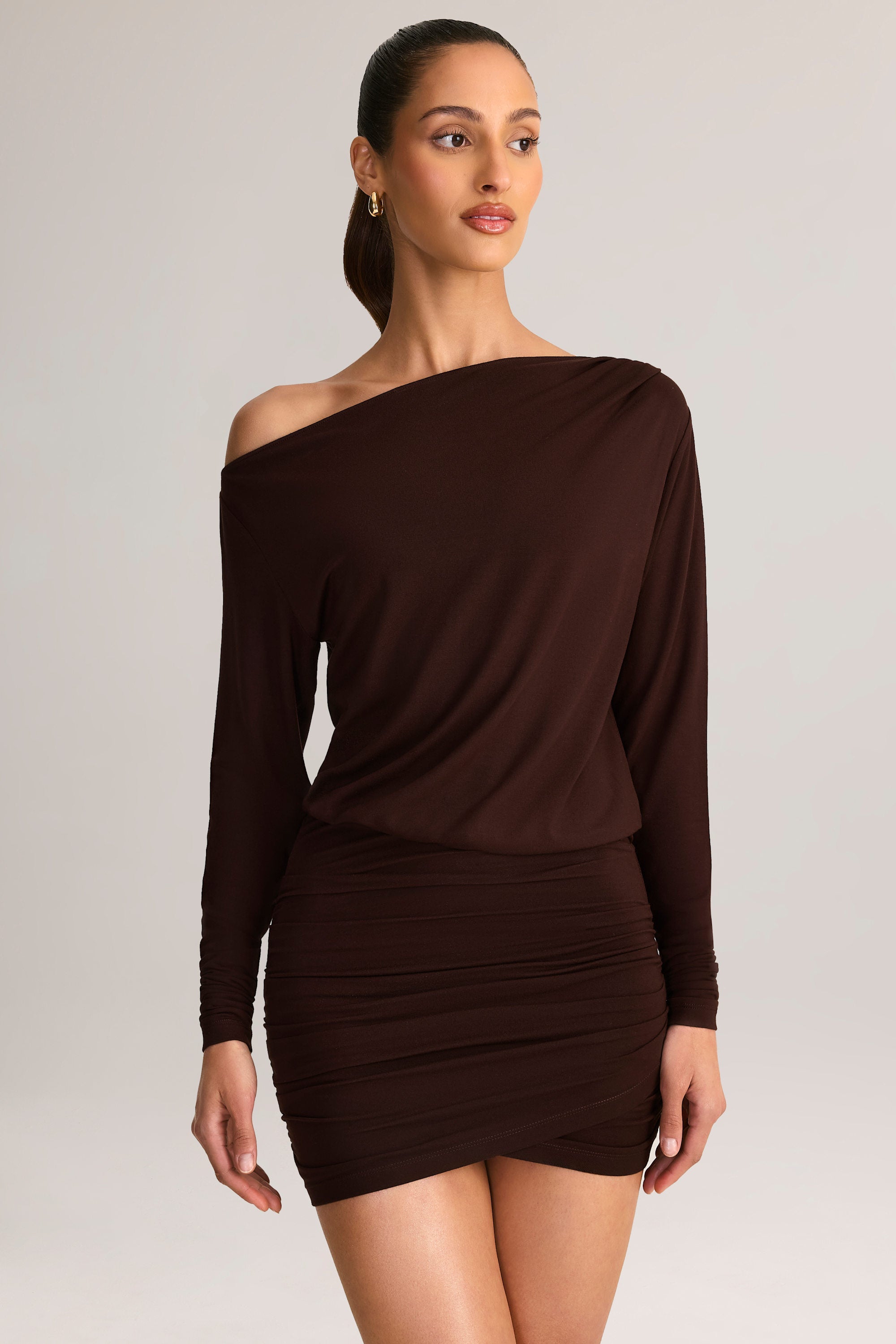 Modal Off-Shoulder Wrap Mini Dress in Chocolate Brown
