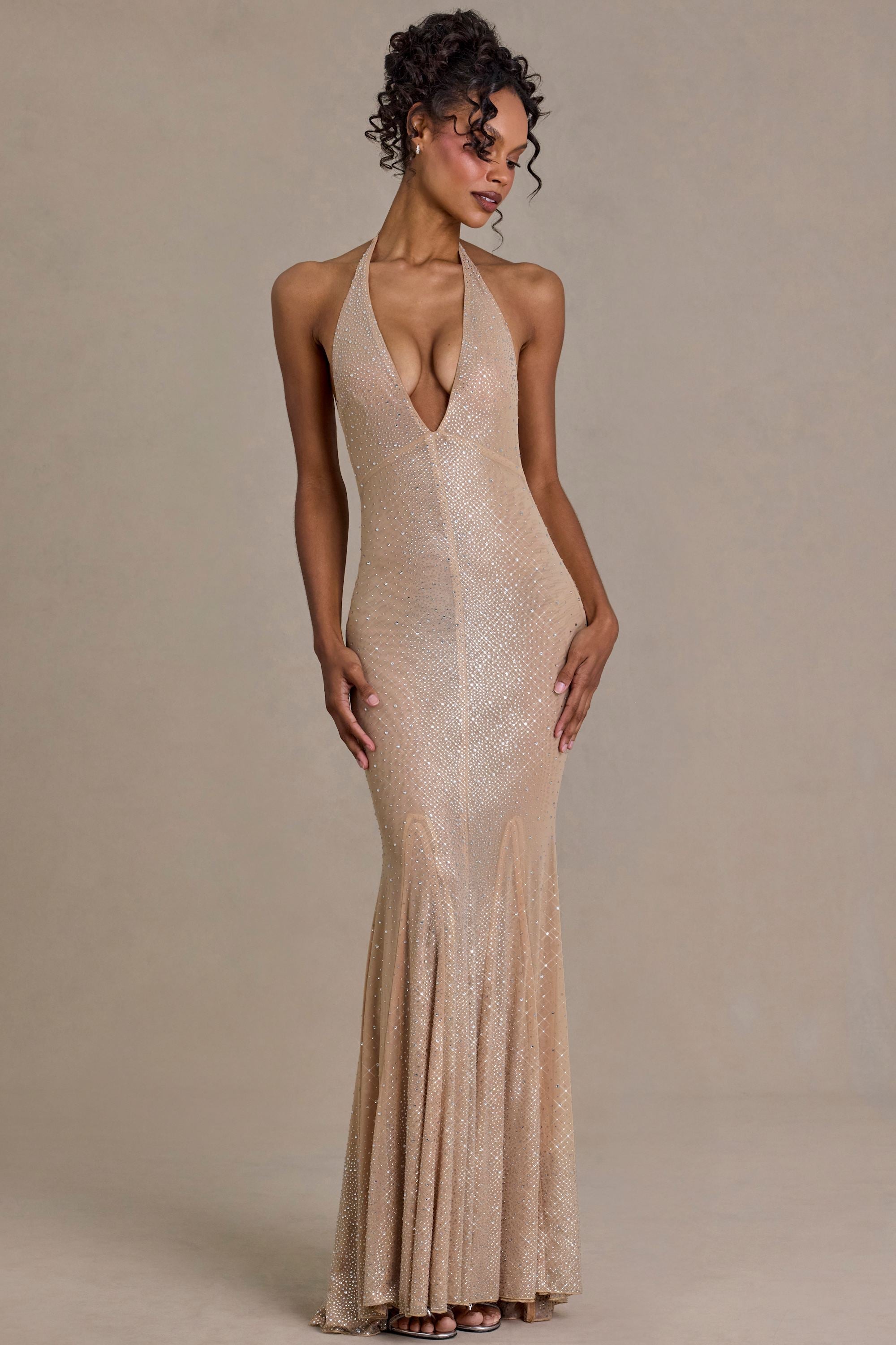 Premium Embellished Plunge-Neck Open-Back Gown in Beige Gold