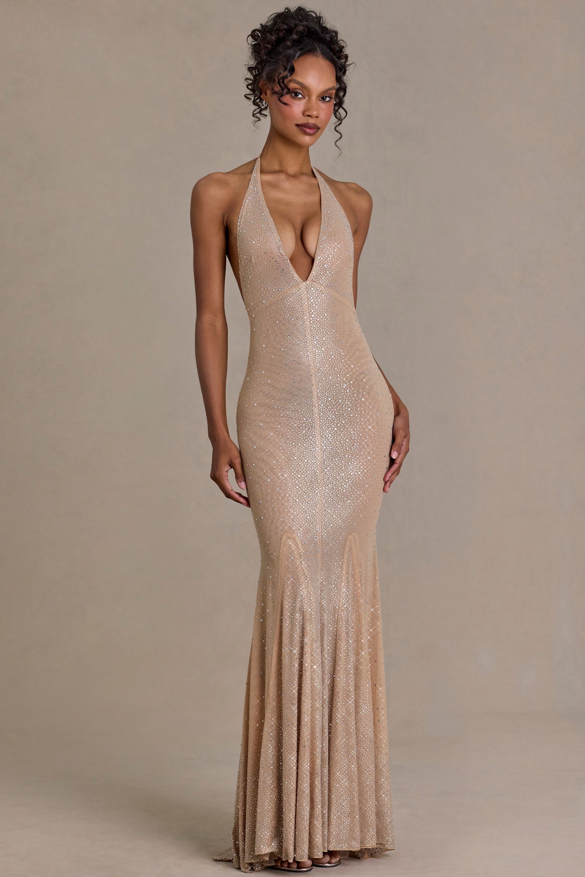 Premium Embellished Plunge-Neck Open-Back Gown in Beige Gold