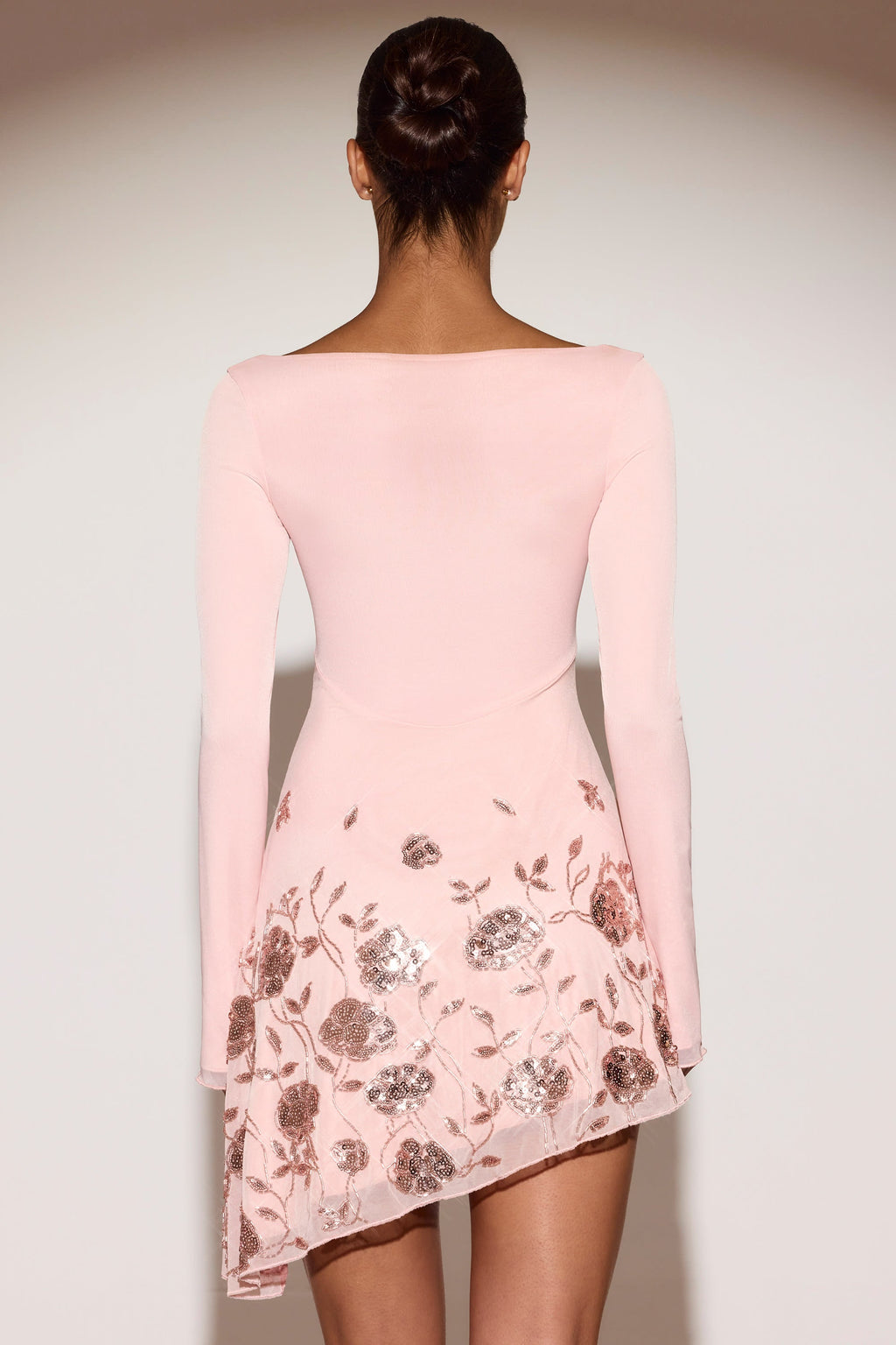 Embellished Appliqué Asymmetric Mini Dress in Pink