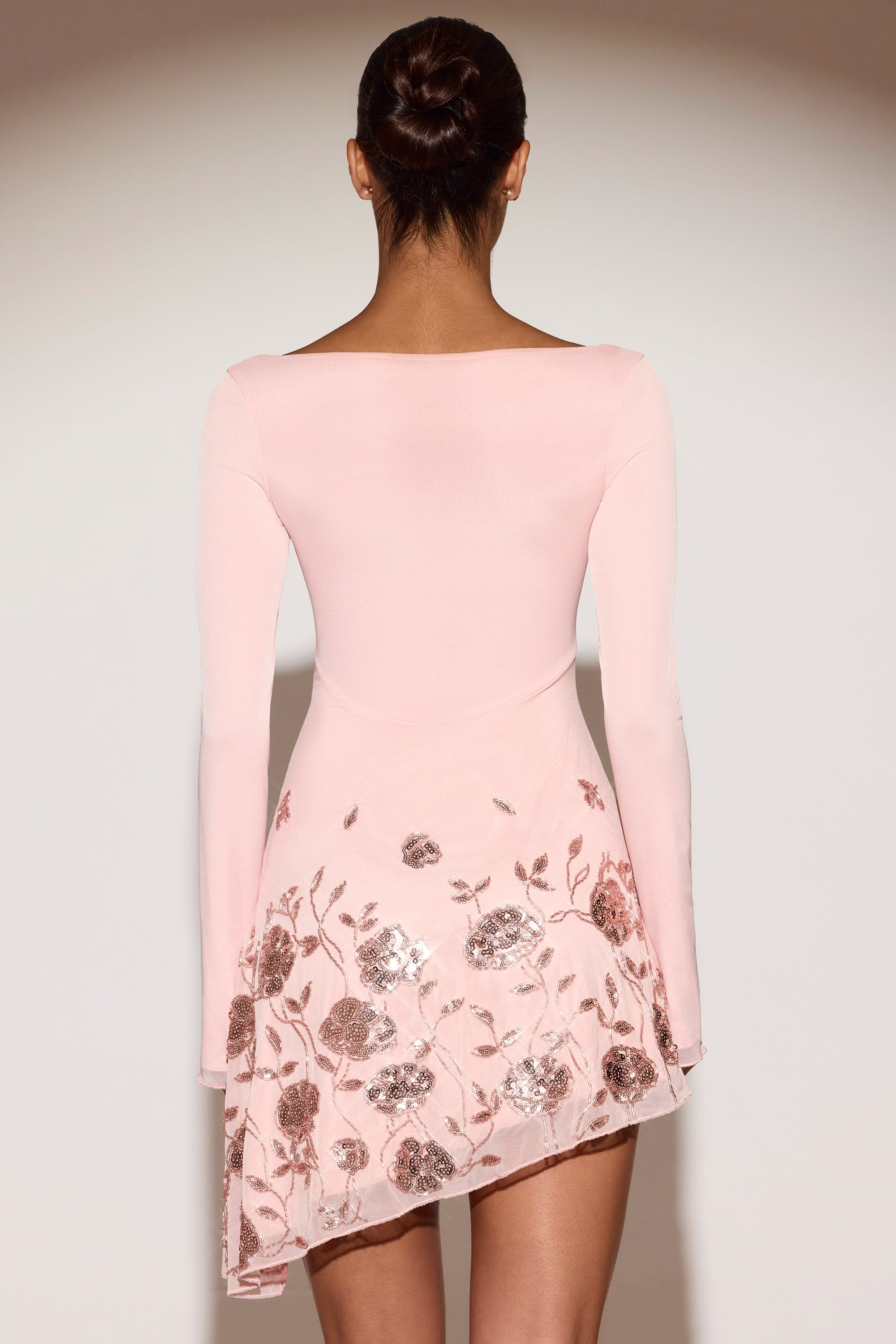 Embellished Appliqué Asymmetric Mini Dress in Pink