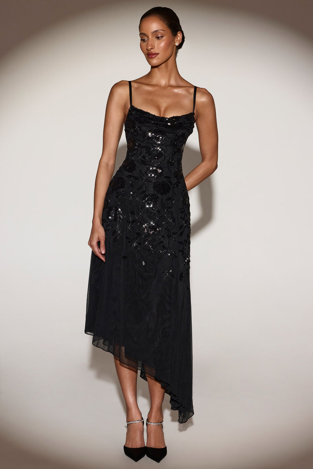 Embellished Soft-Scoop Asymmetric Midaxi Dress in Black