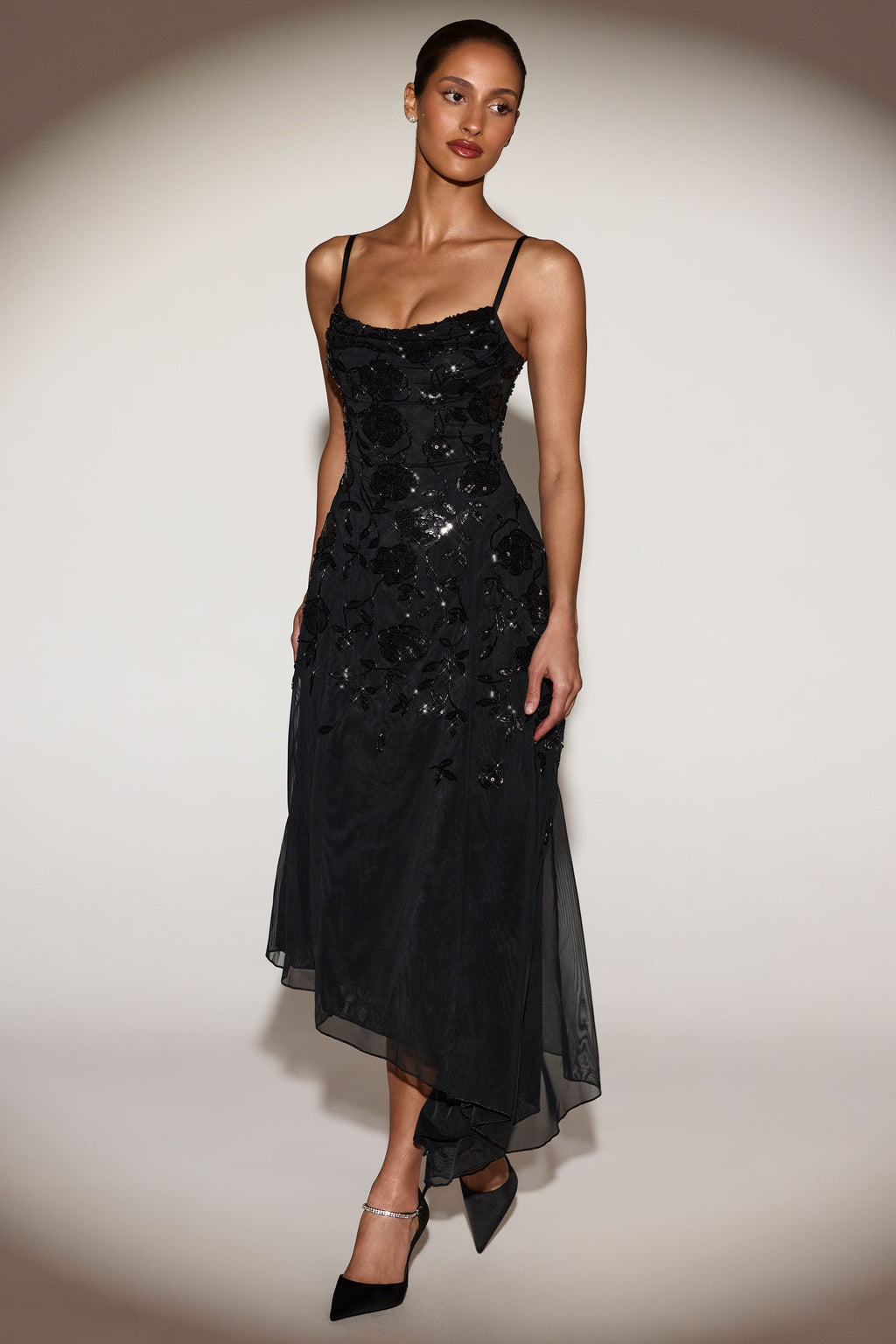 Embellished Soft-Scoop Asymmetric Midaxi Dress in Black
