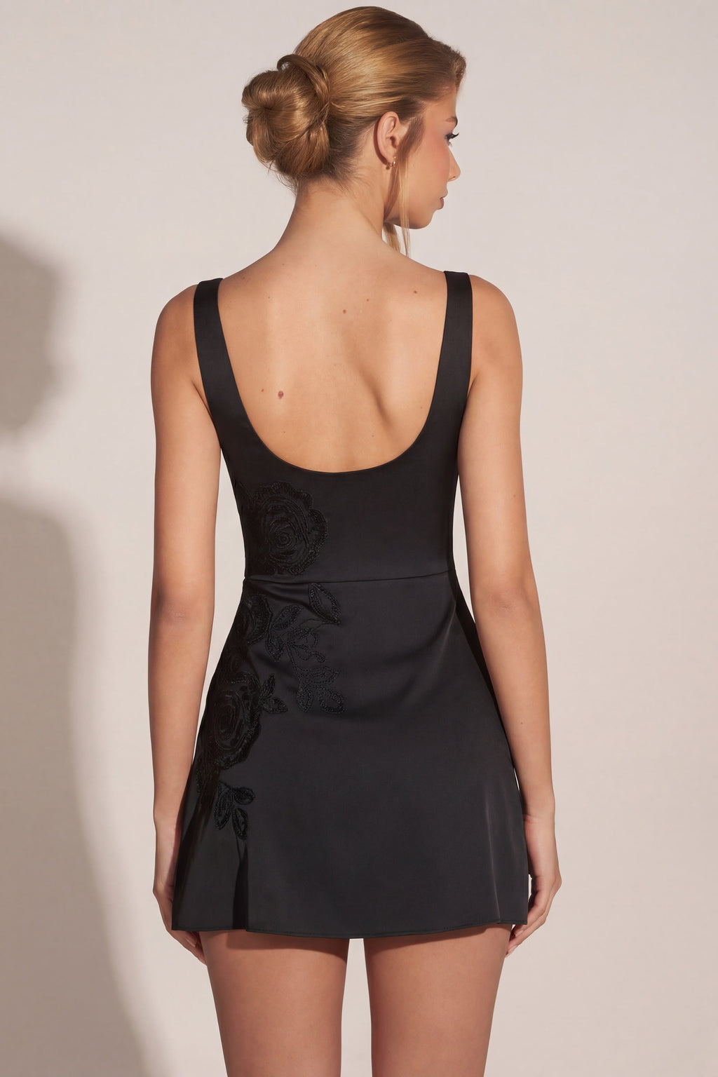 Embellished Scoop-Neck Fitted Mini Dress in Black