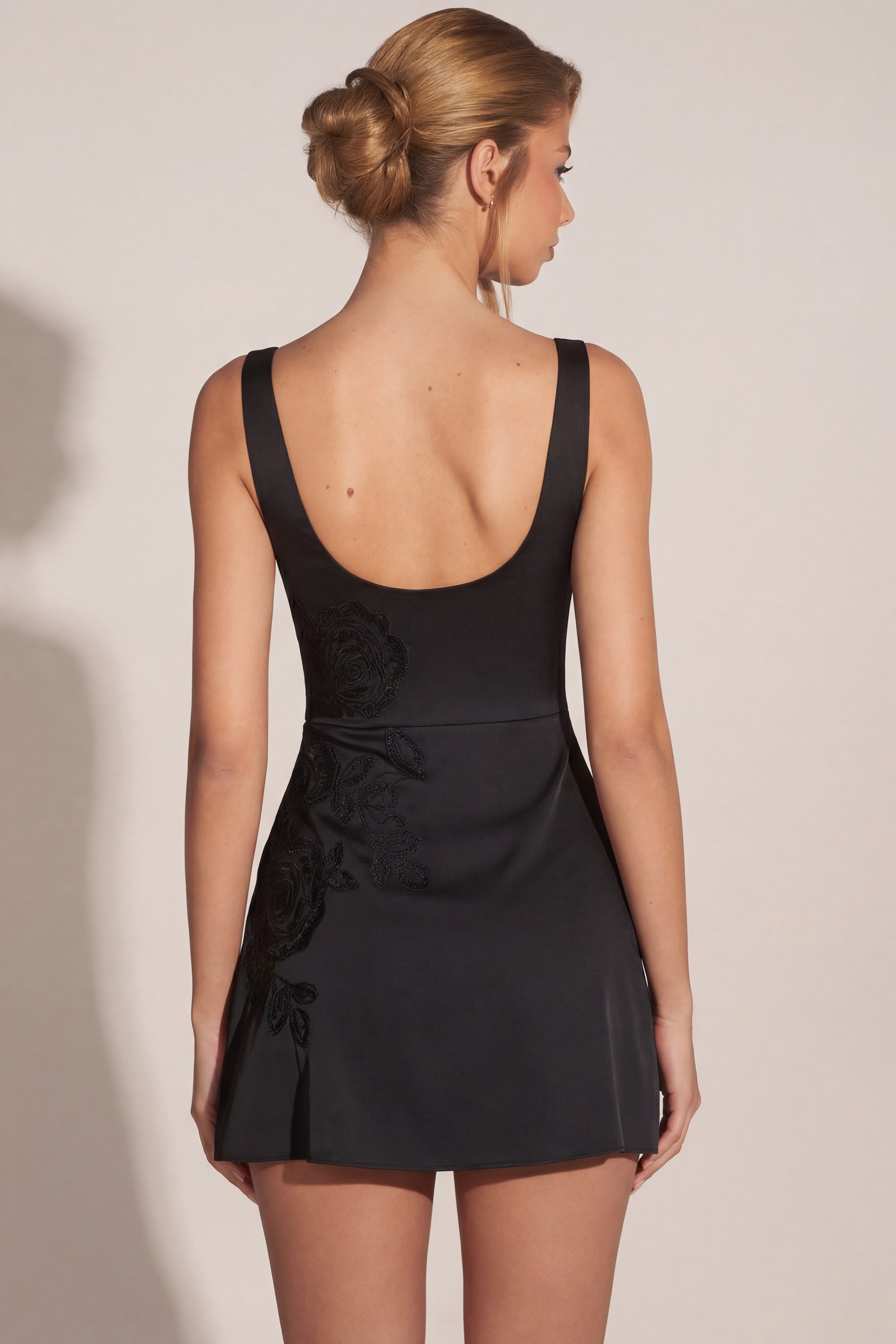 Embellished Scoop-Neck Fitted Mini Dress in Black