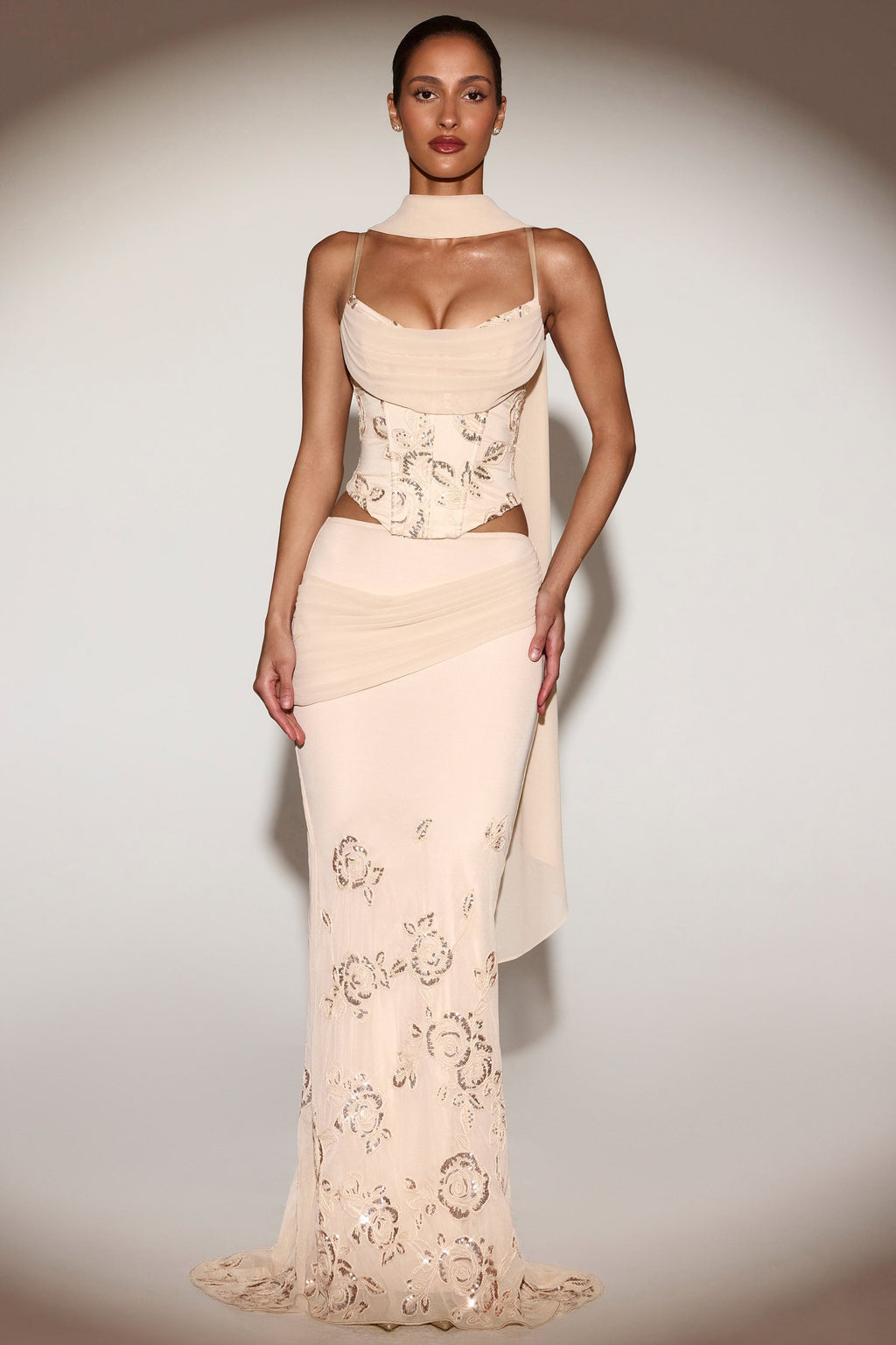 Embellished Draped Mid-Rise Gown Skirt in Gold