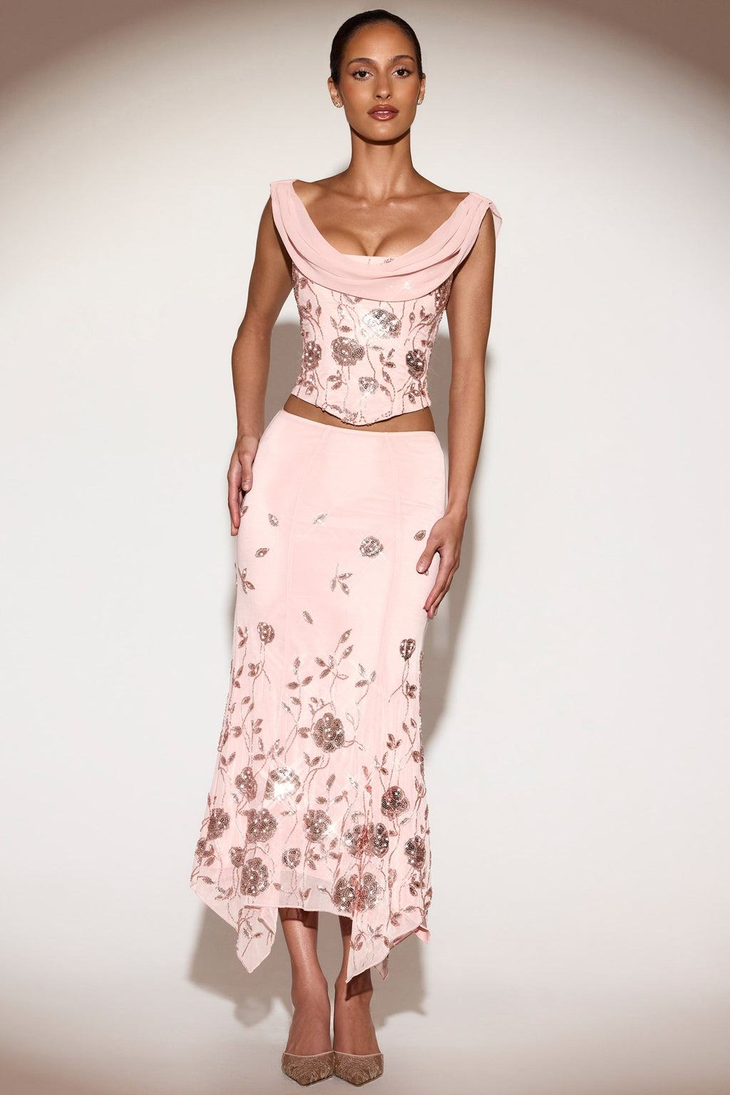 Embellished Mid-Rise Hanky-Hem Midaxi Skirt in Pink