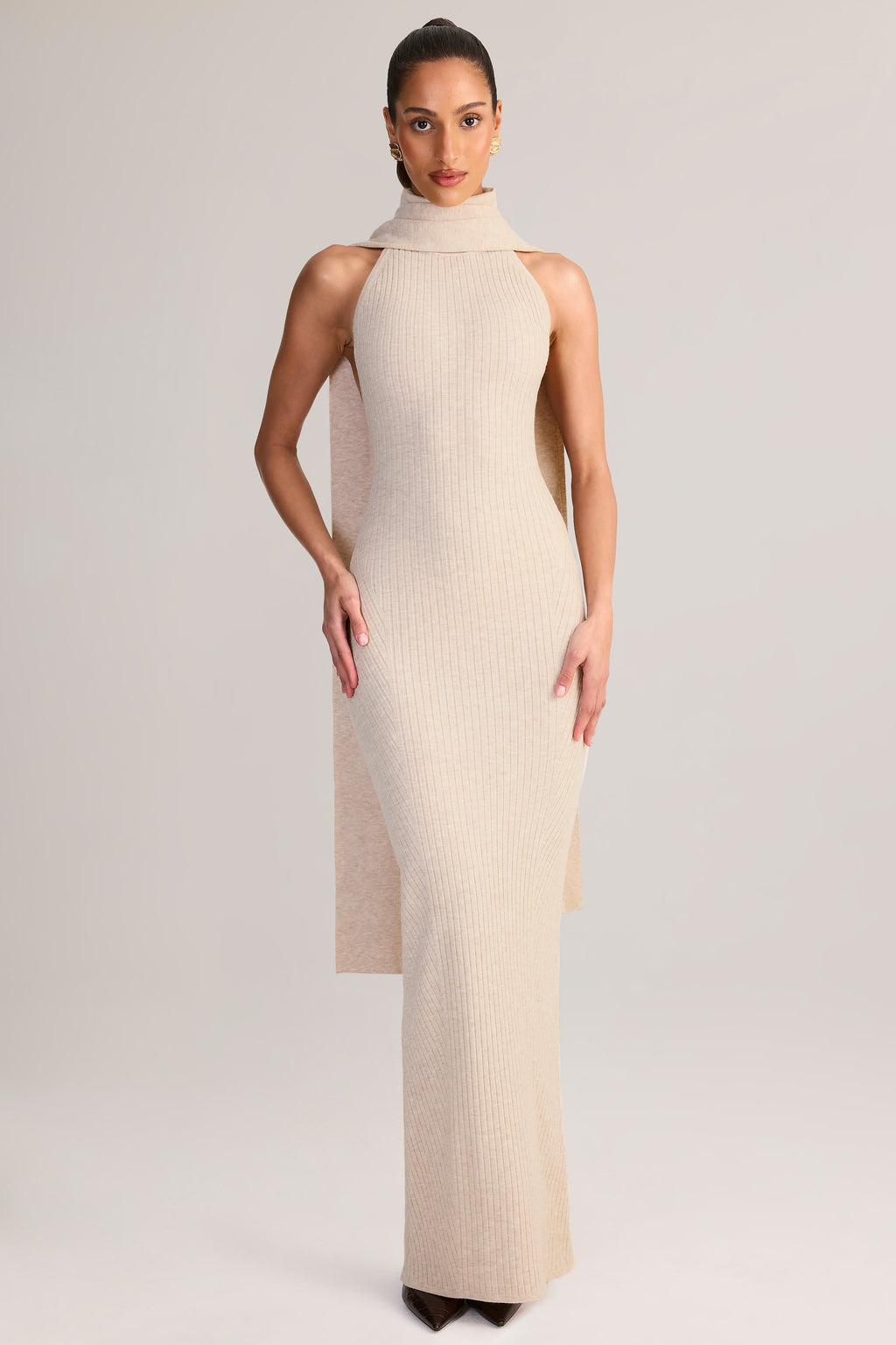 Rib-Knit Scarf-Detail Halterneck Maxi Dress in Cream