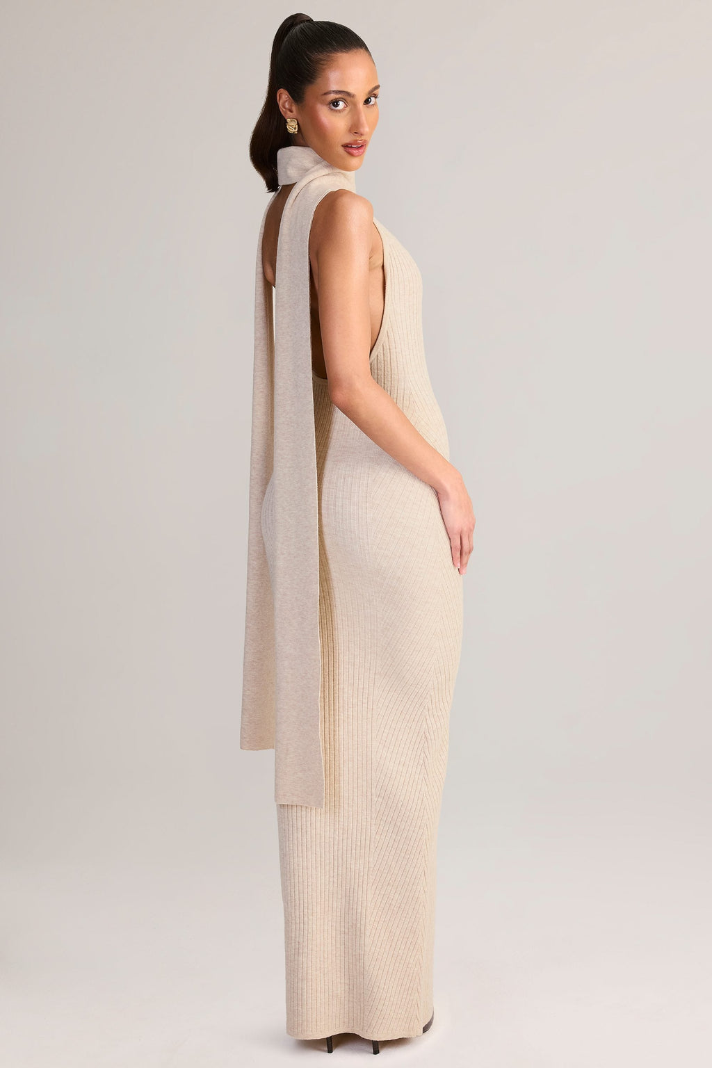 Rib-Knit Scarf-Detail Halterneck Maxi Dress in Cream