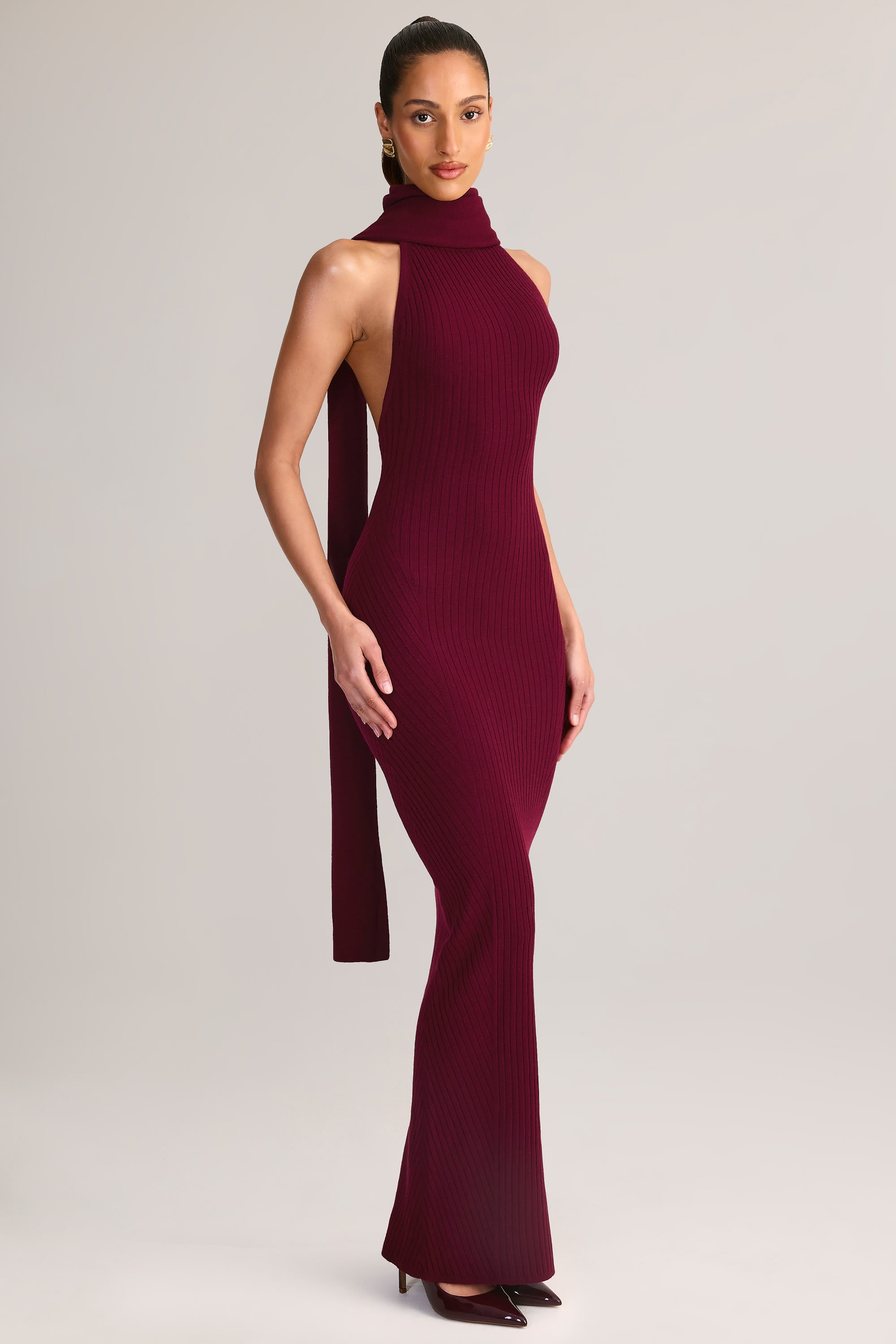 Rib-Knit Scarf-Detail Halterneck Maxi Dress in Wine