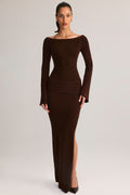 Rib-Knit Boat-Neck Long-Sleeve Maxi Dress in Chocolate Brown