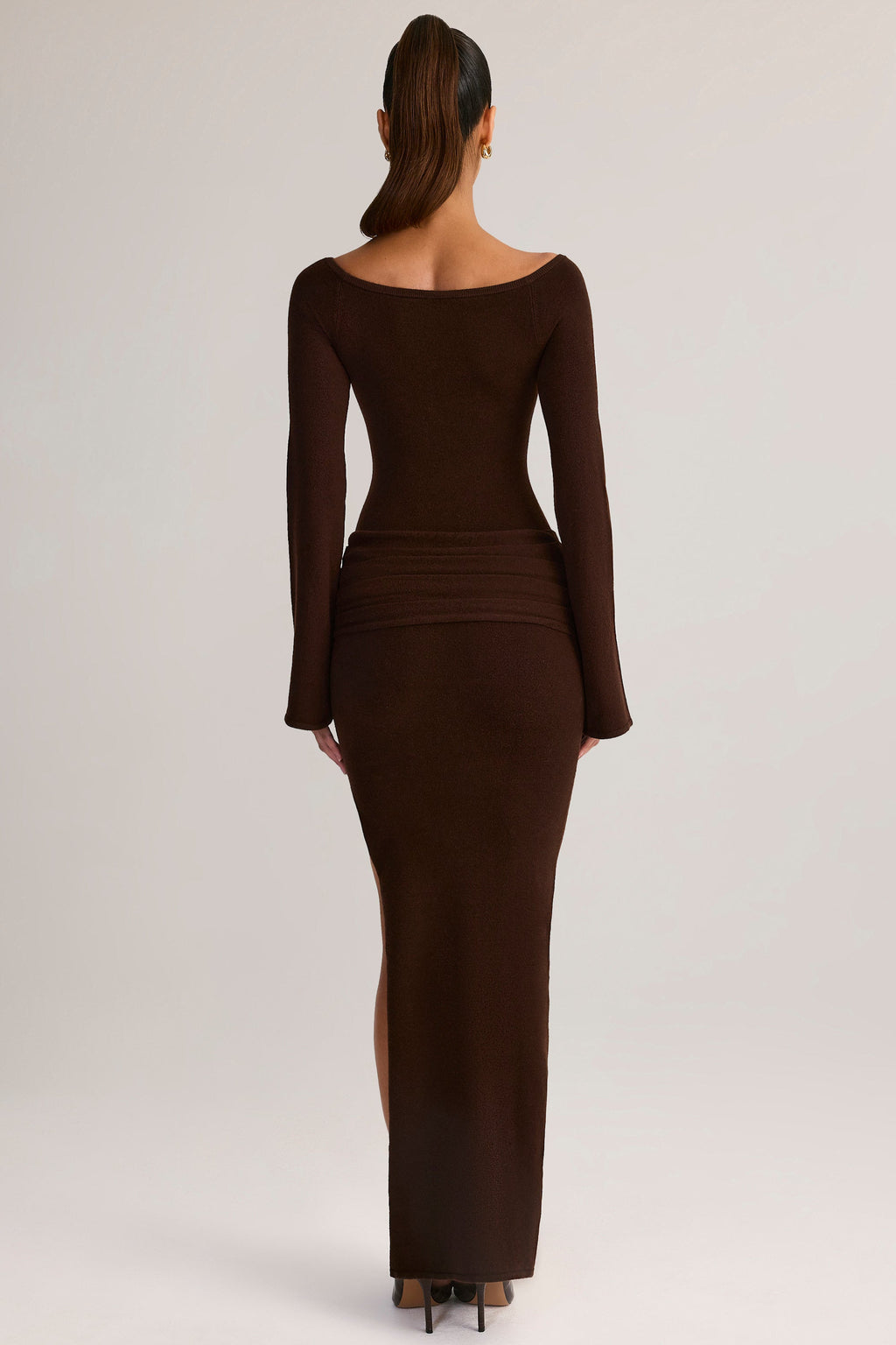 Rib-Knit Boat-Neck Long-Sleeve Maxi Dress in Chocolate Brown
