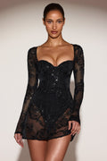 Sheer Embellished Bodysuit Corset Mini Dress in Black
