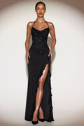 Embellished Cowl-Neck Ruffled Gown Dress in Black