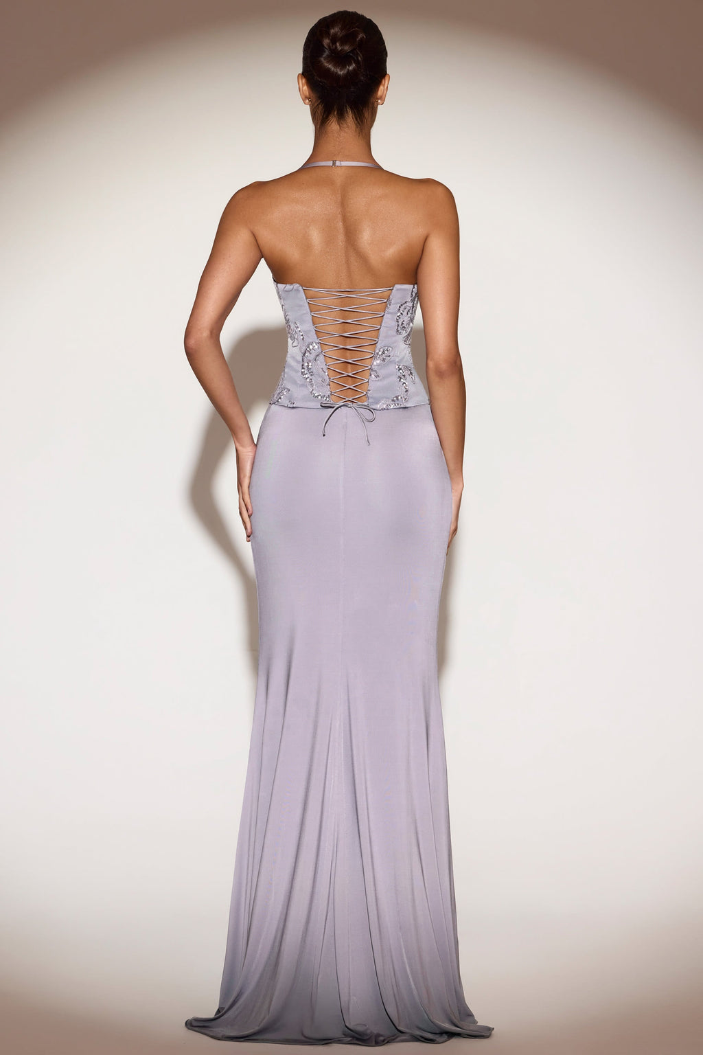Embellished Cowl-Neck Ruffled Gown Dress in Lilac