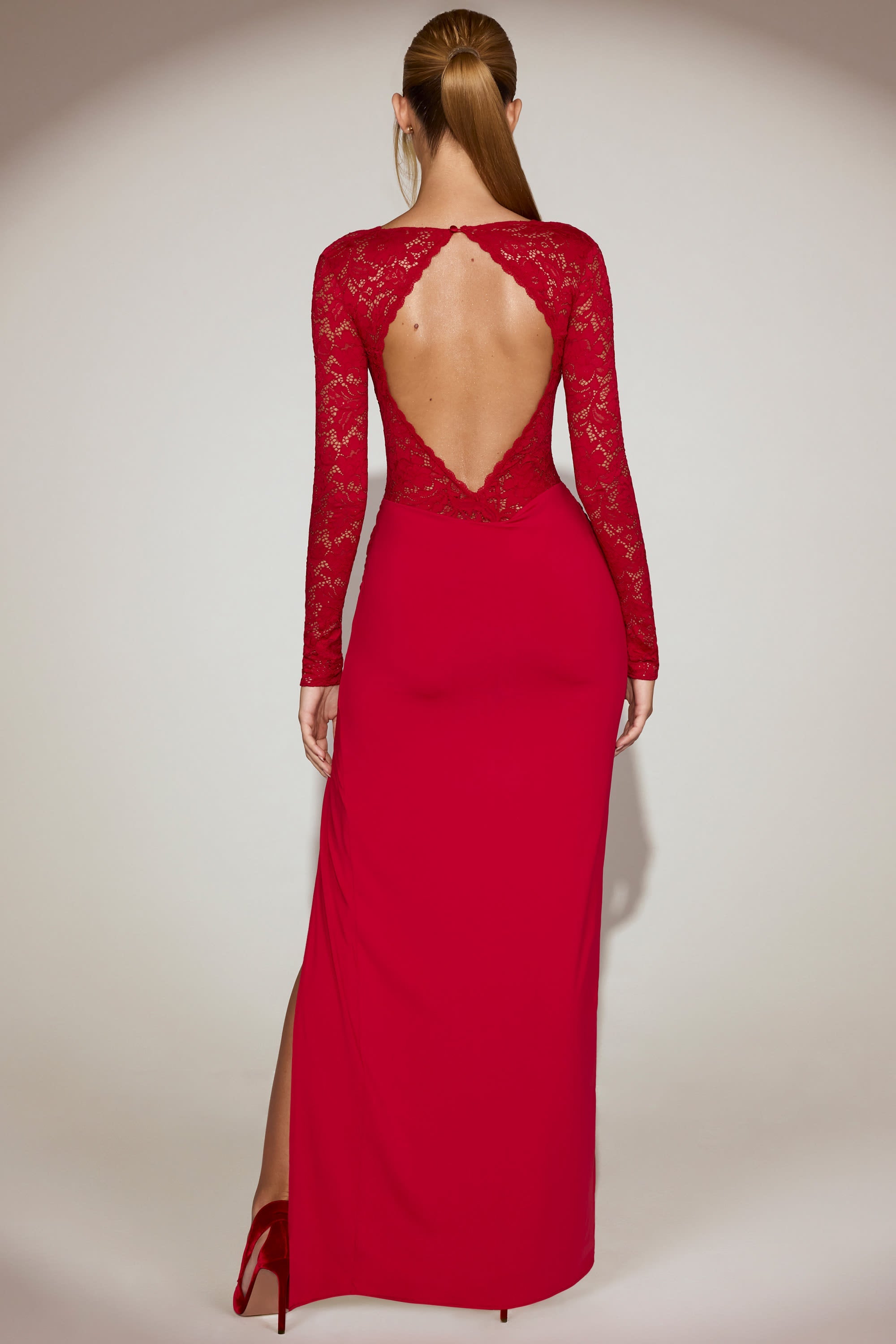 Lace Scalloped Plunge-Neck Maxi Dress in True Red
