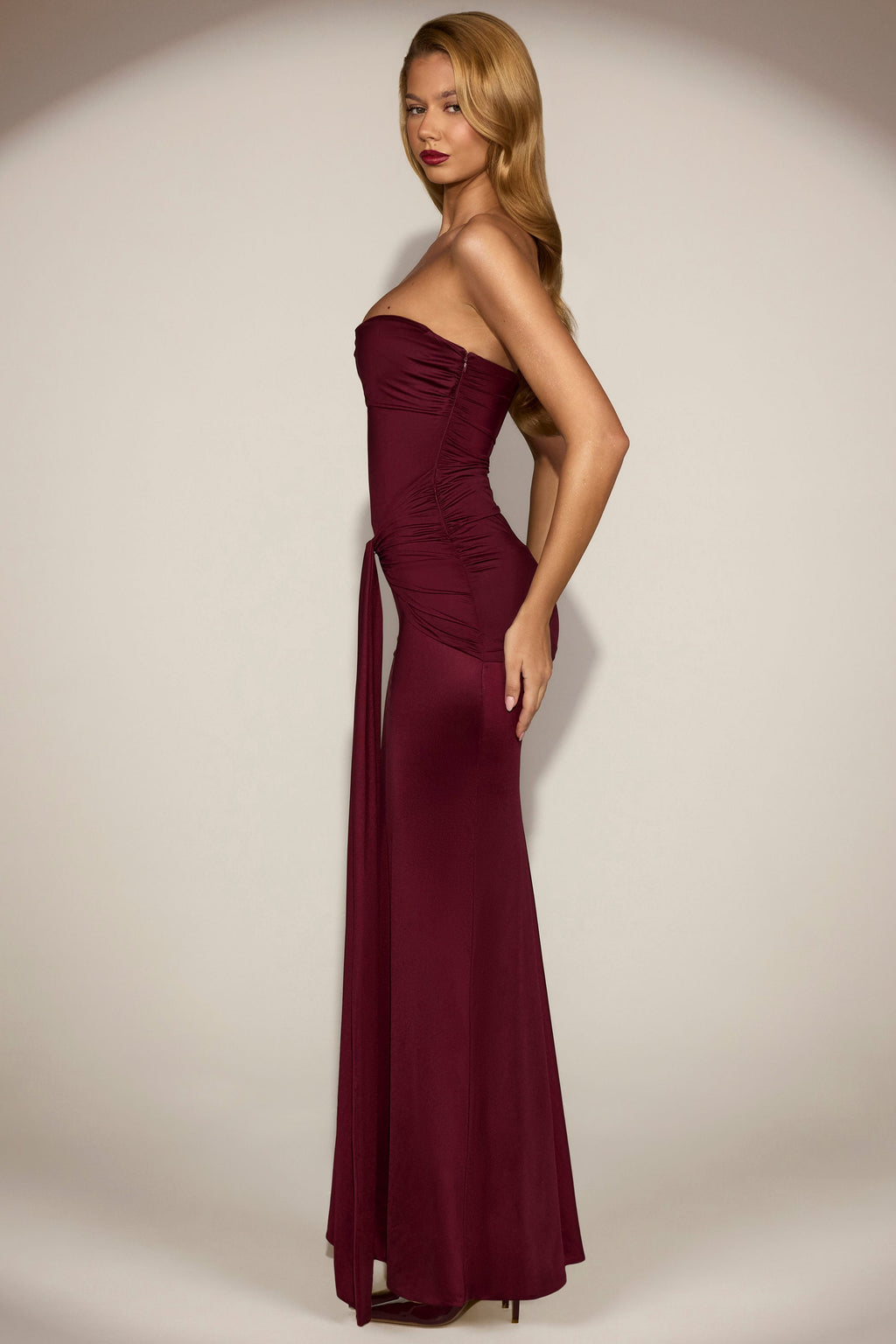 Satin Peekaboo Bandeau Draped Gown in Wine Red