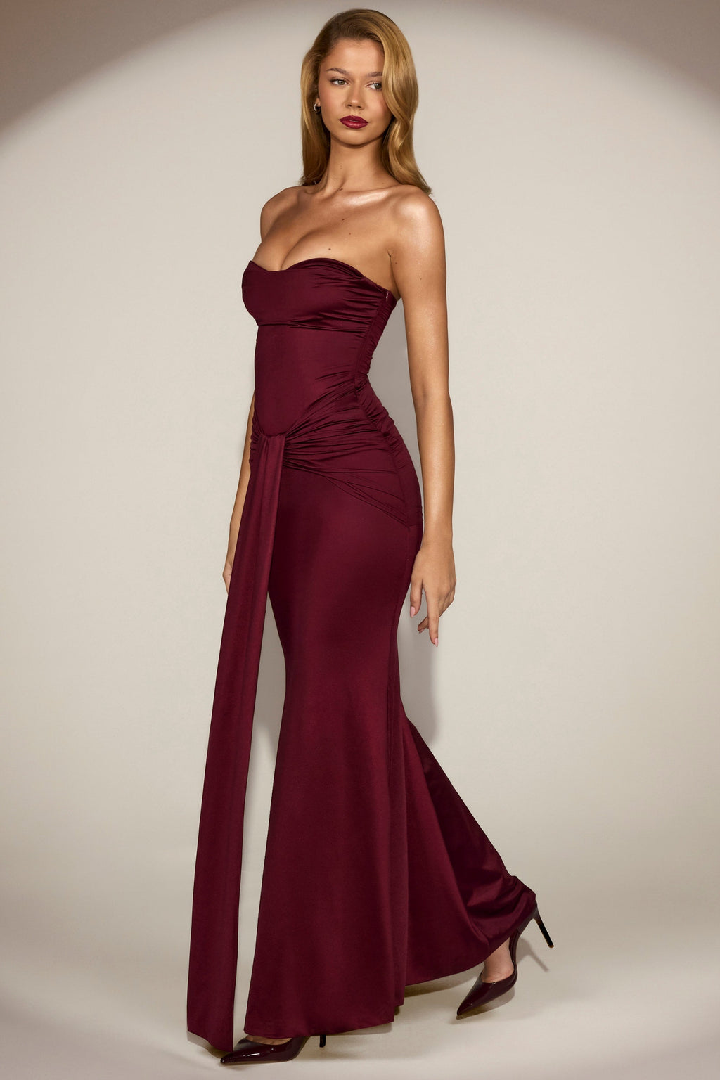 Satin Peekaboo Bandeau Draped Gown in Wine Red