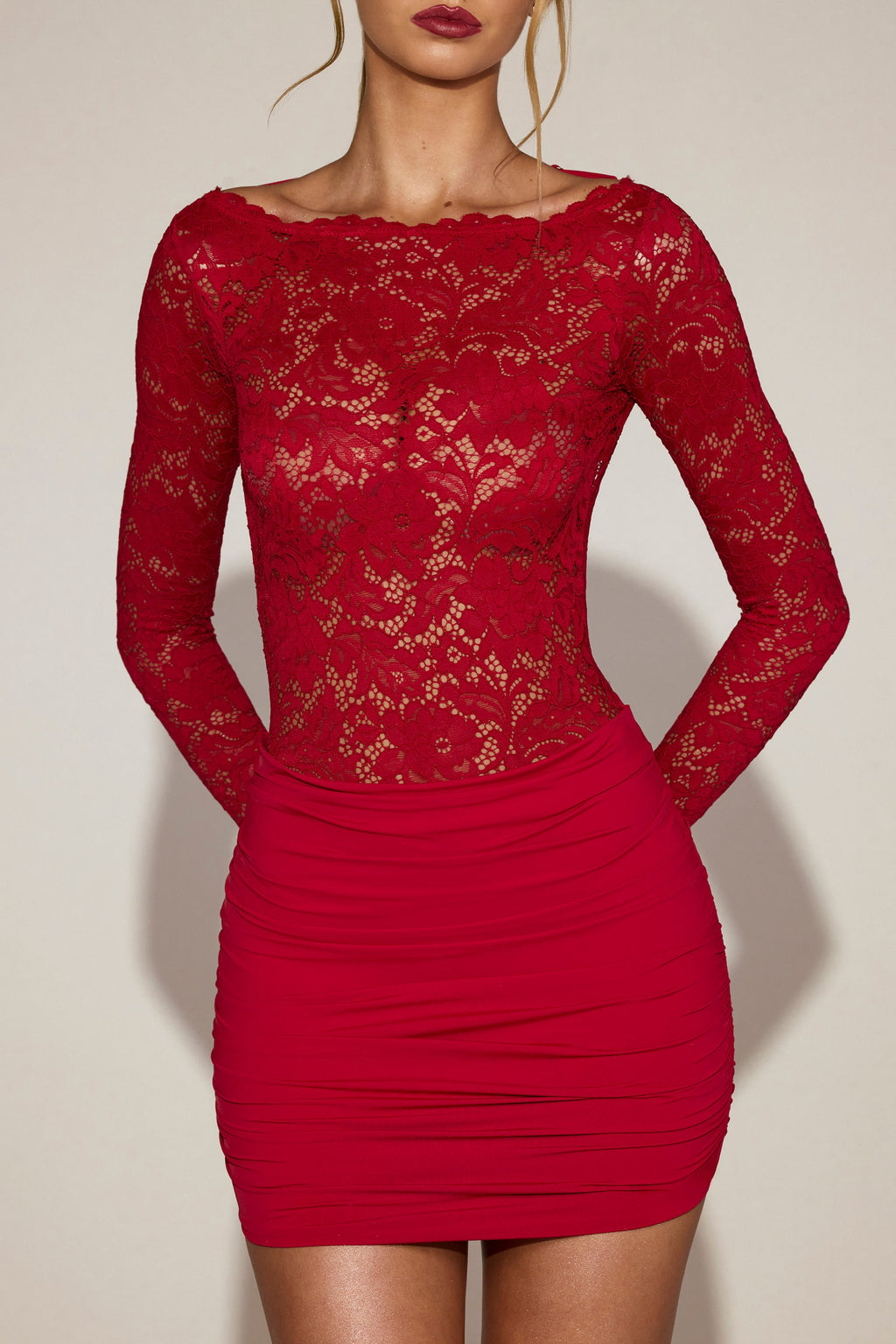 Sheer Lace Boat-Neck Mini Dress in True Red