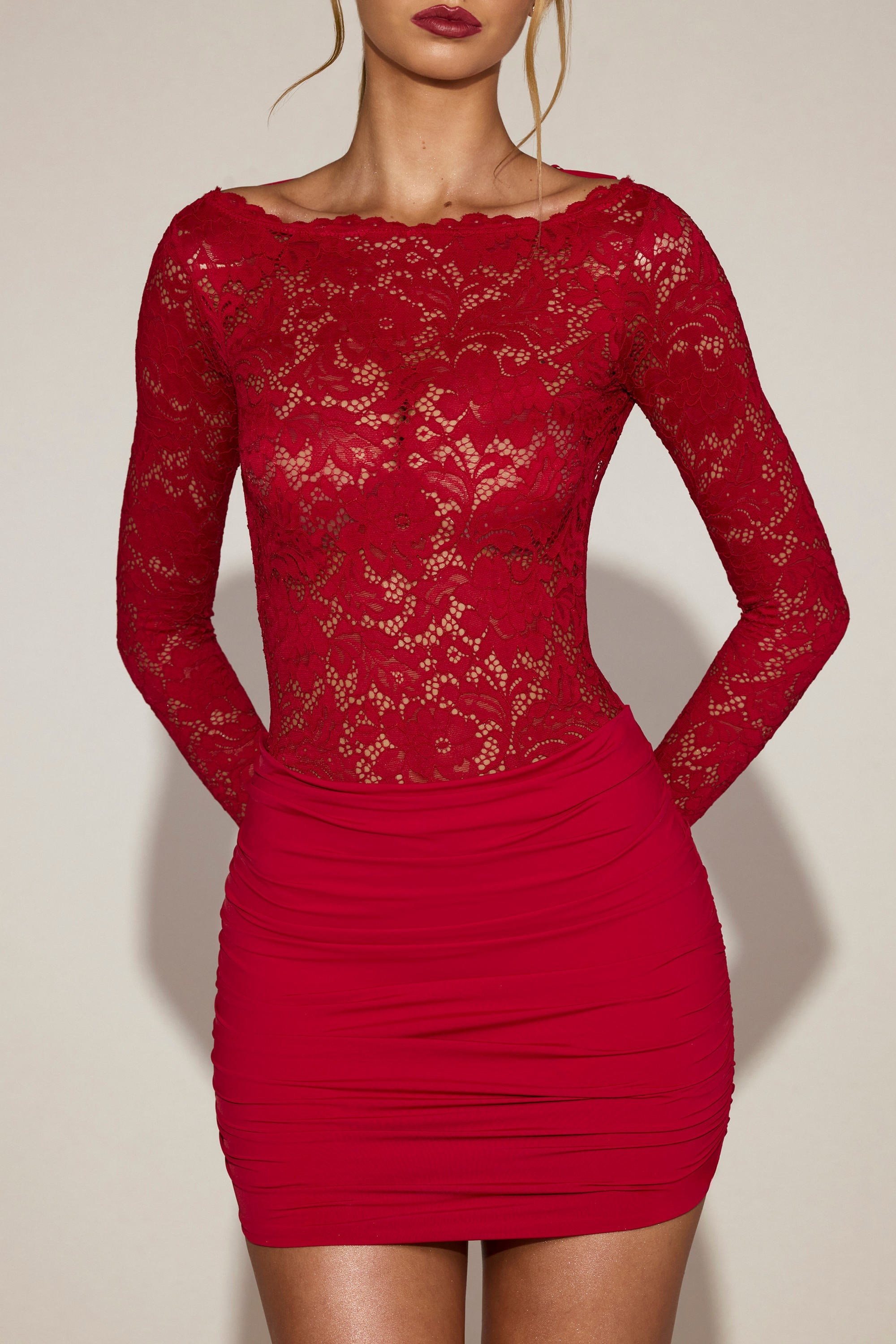 Sheer Lace Boat-Neck Mini Dress in True Red