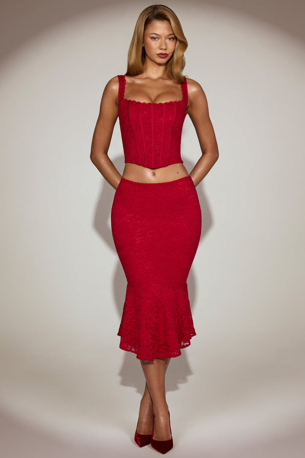 Lace Mid-Rise Fluted Midi Skirt in True Red