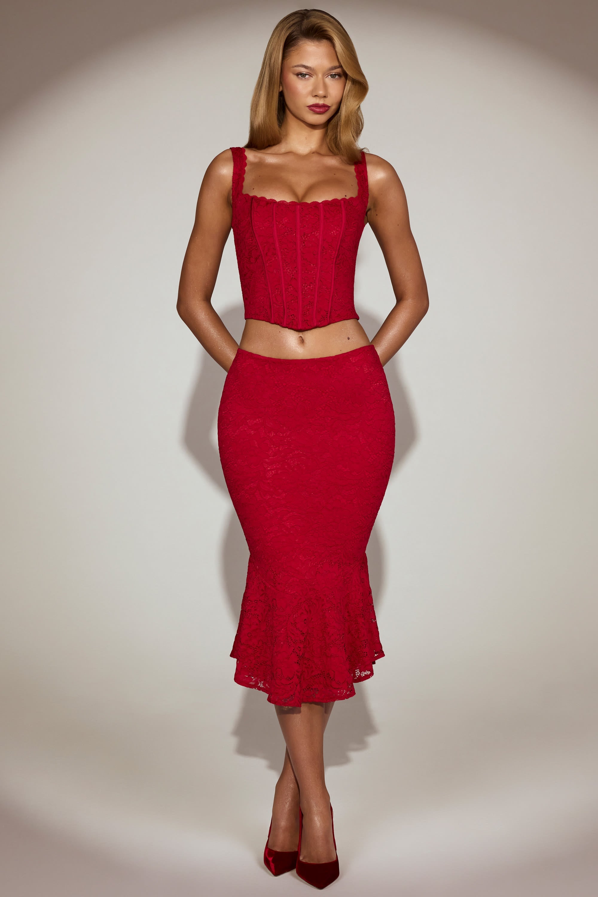 Lace Mid-Rise Fluted Midi Skirt in True Red