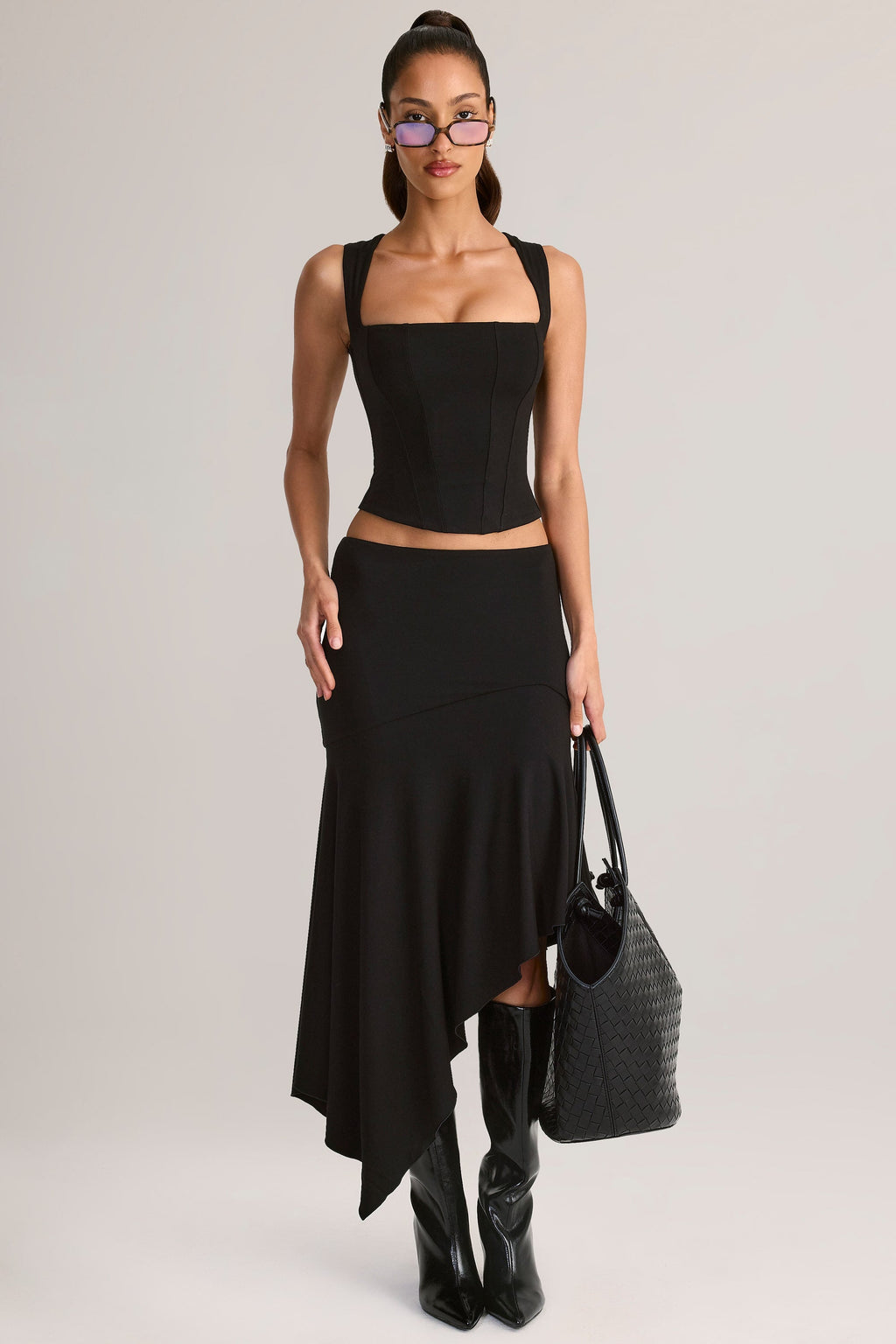 Modal Low-Rise Asymmetric Midaxi Skirt in Black