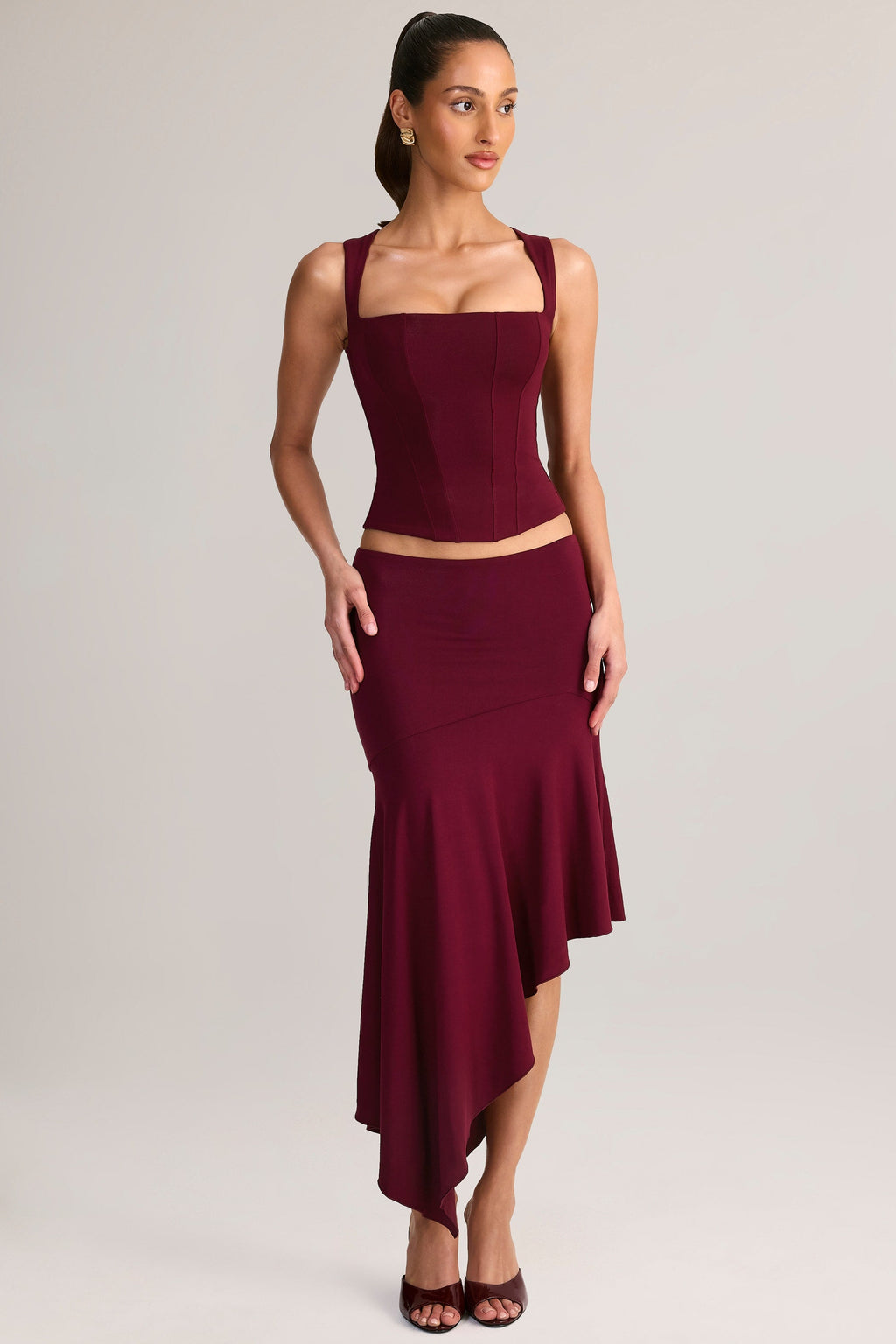Modal Low-Rise Asymmetric Midaxi Skirt in Wine