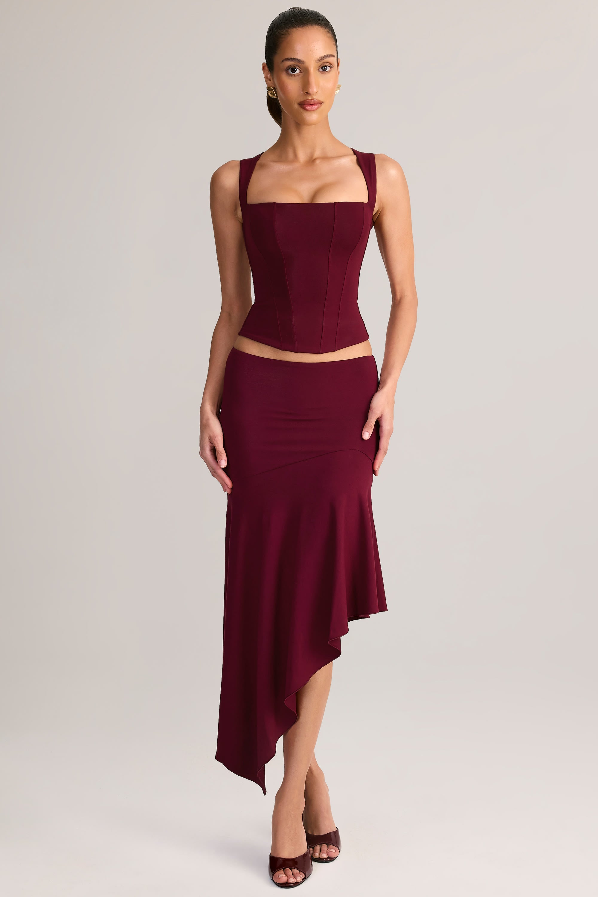 Modal Low-Rise Asymmetric Midaxi Skirt in Wine