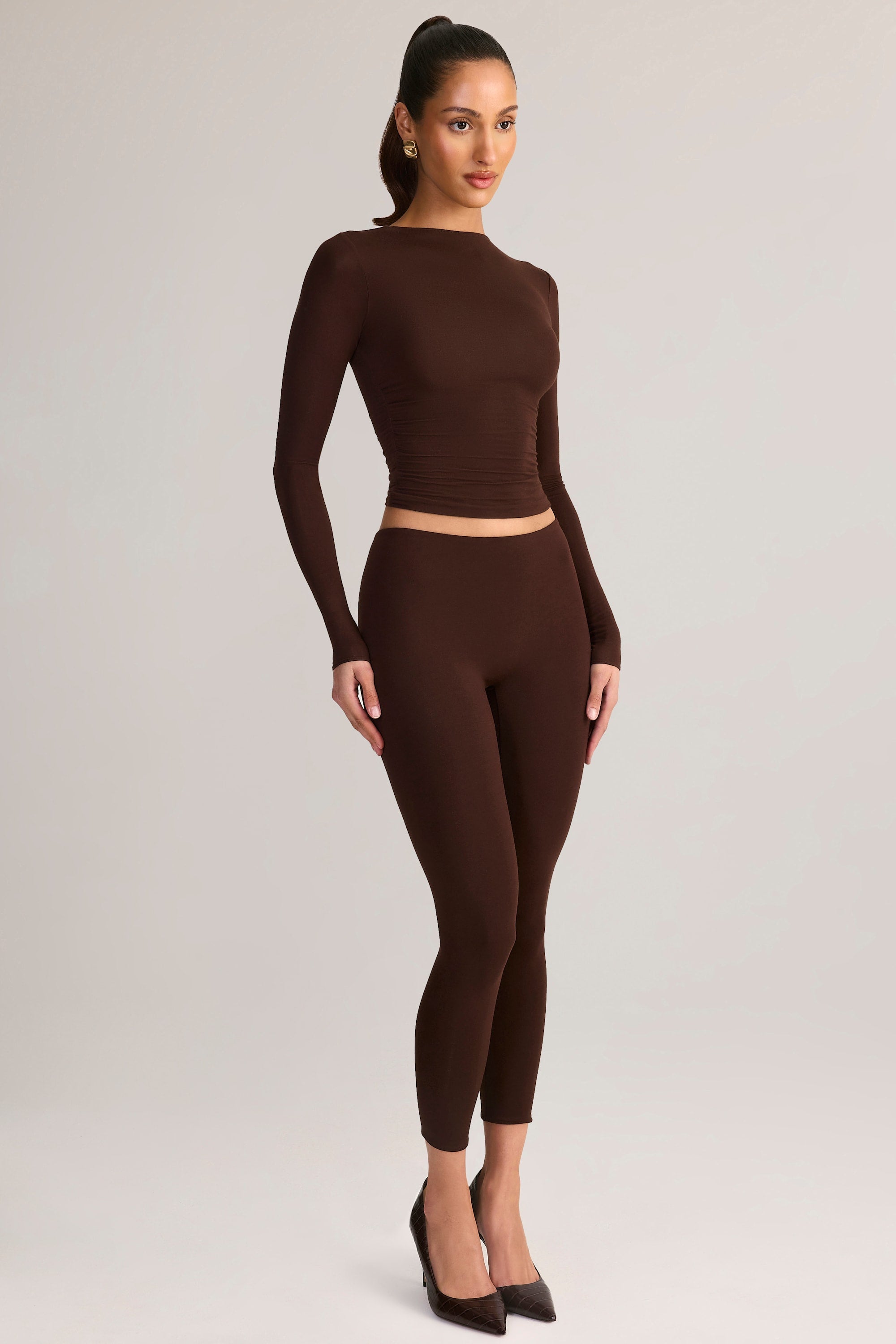 Modal Mid-Rise Cropped Leggings in Chocolate Brown