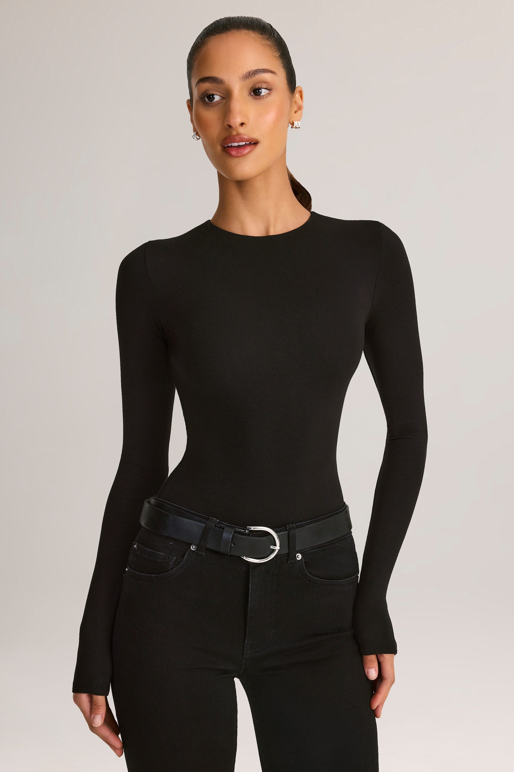 Modal Round-Neck Long-Sleeve Bodysuit in Black